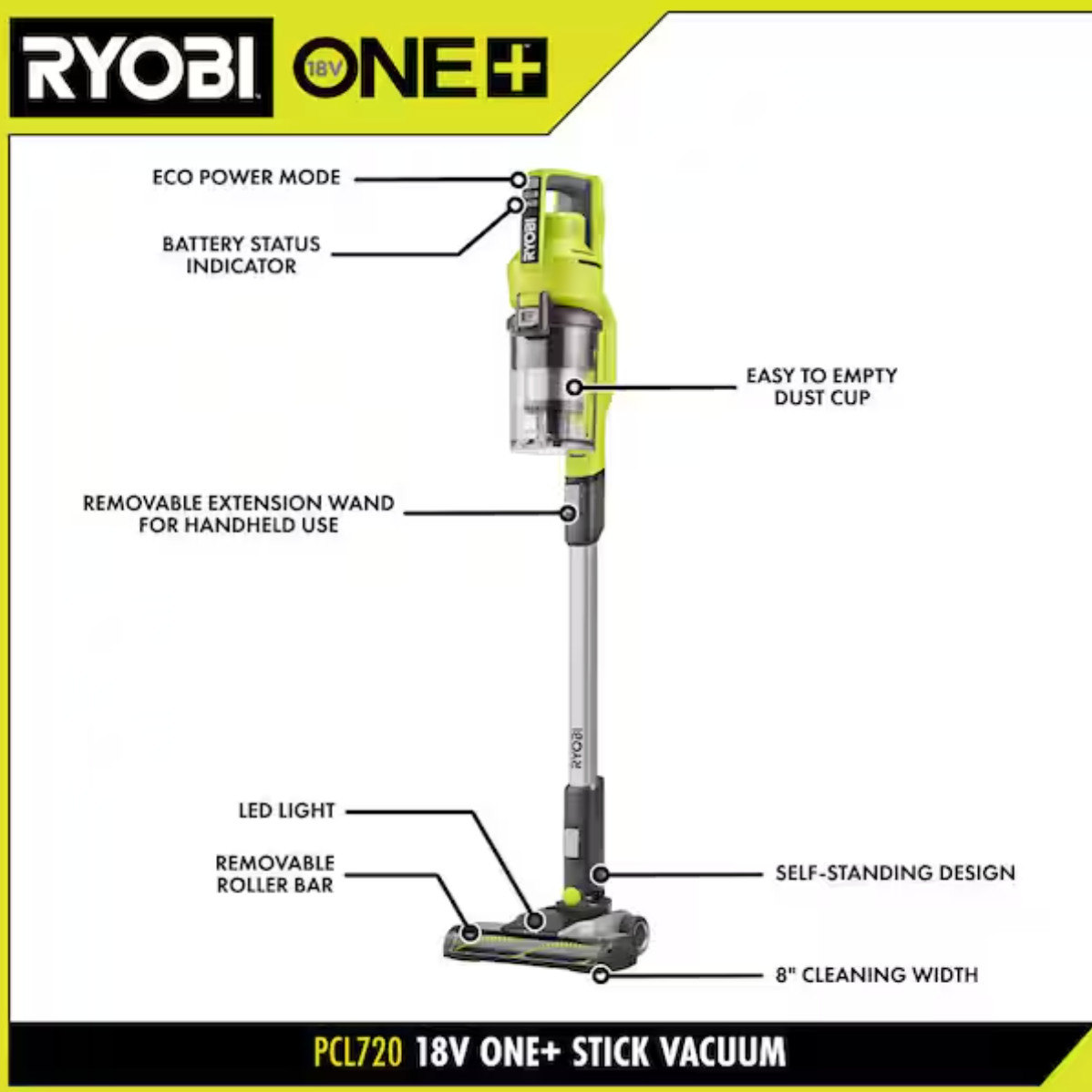 RYOBI ONE+ 18V Cordless Stick Vacuum Kit PCL720K 4Ah Battery Charger NEW