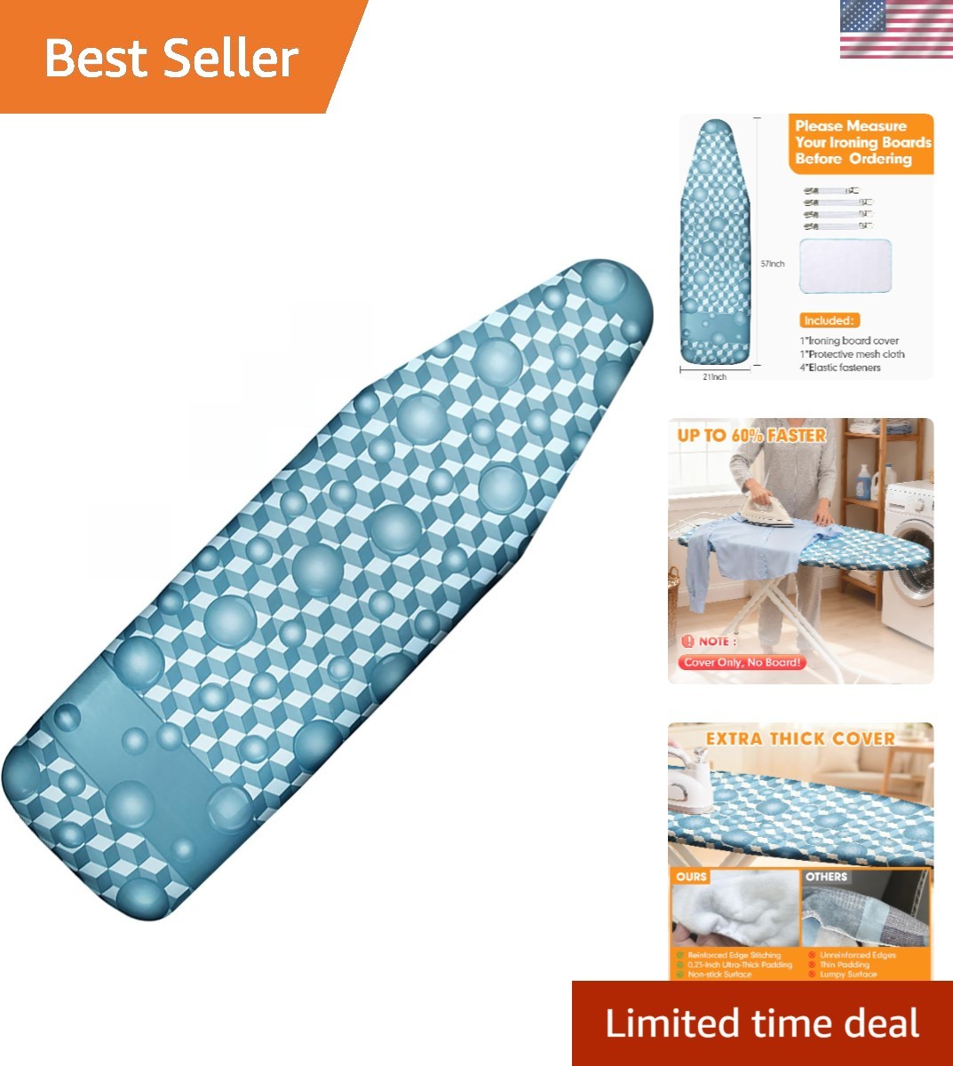 Scorch Resistant Berry Blue Ironing Board Cover 21×57 | Extra Thick 6mm Padding