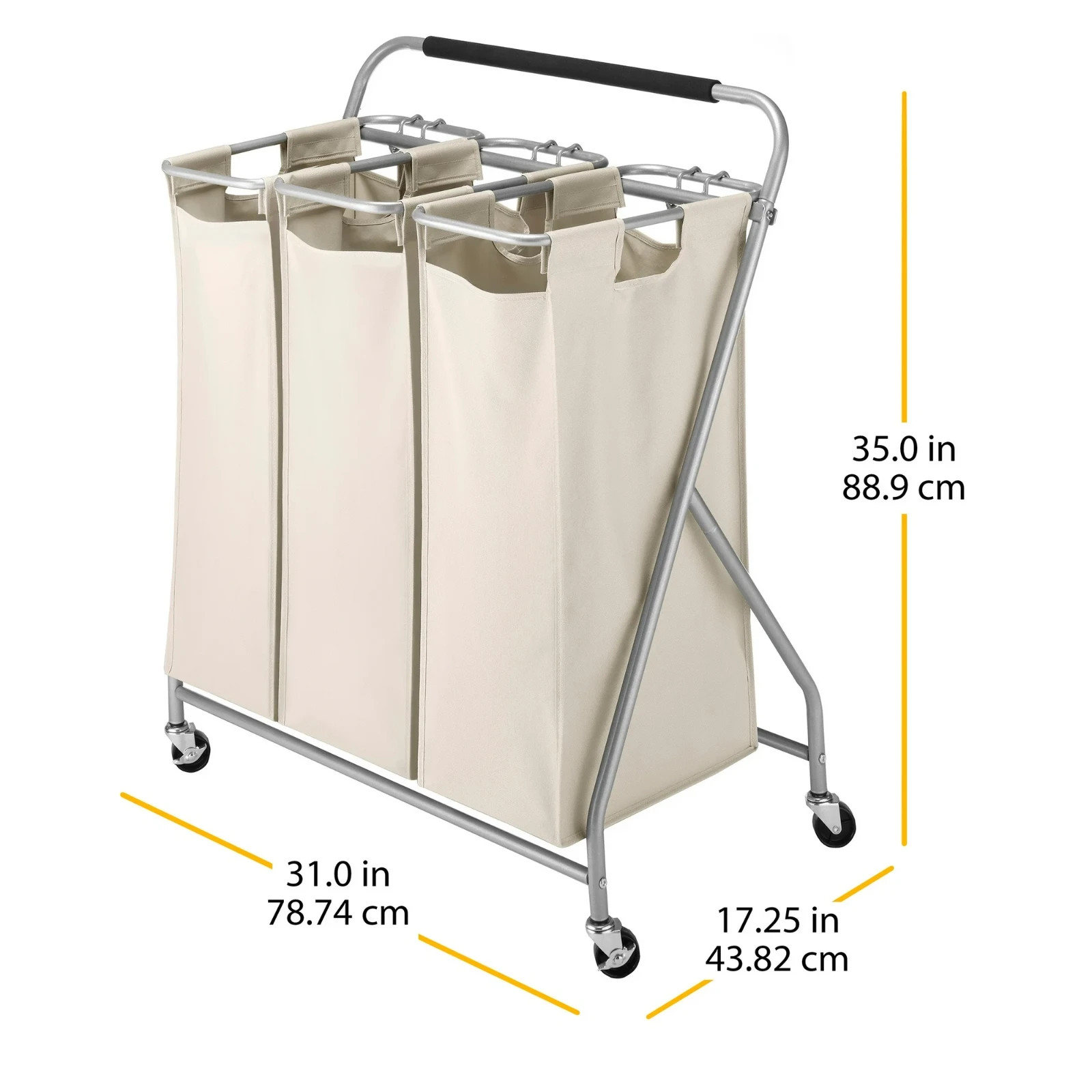 Triple Laundry Sorter with Wheels, 17.25 L x 31.0 W x 35.0 H Inches