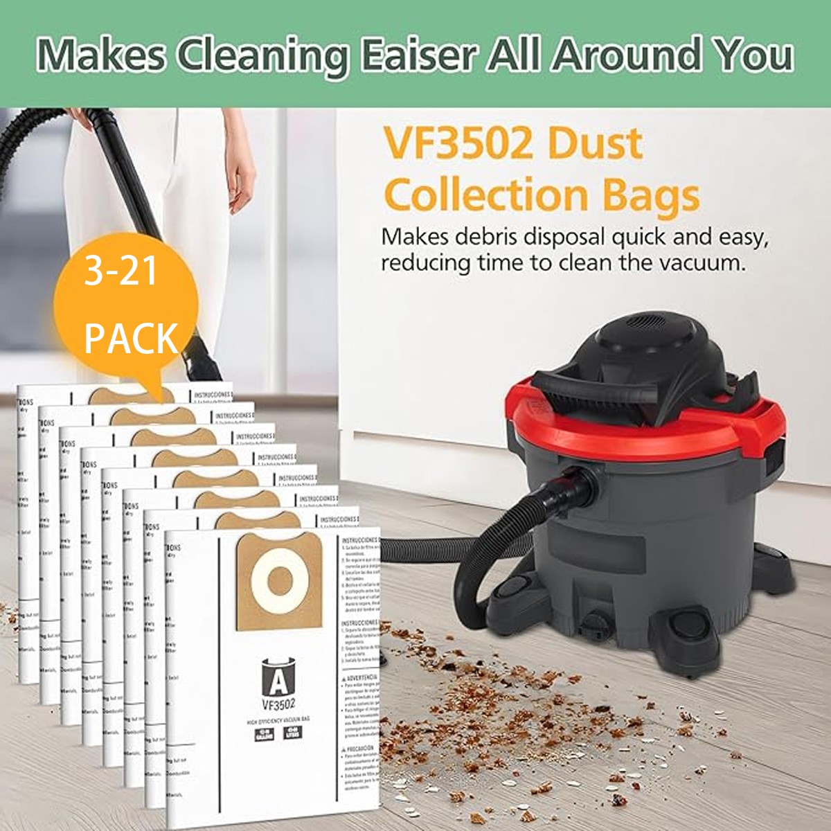VF3502 Vacuum Bags Compatible with Ridgid 12-16 Gallon Vacuum WD1450 WD1680