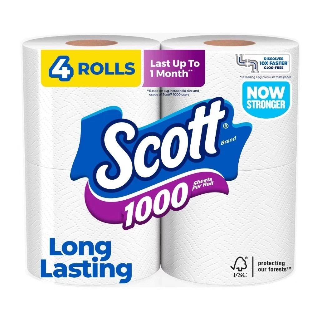 1000 Septic-Safe 1-Ply Toilet Paper – 4 Rolls: 1000 Sheets Per Roll