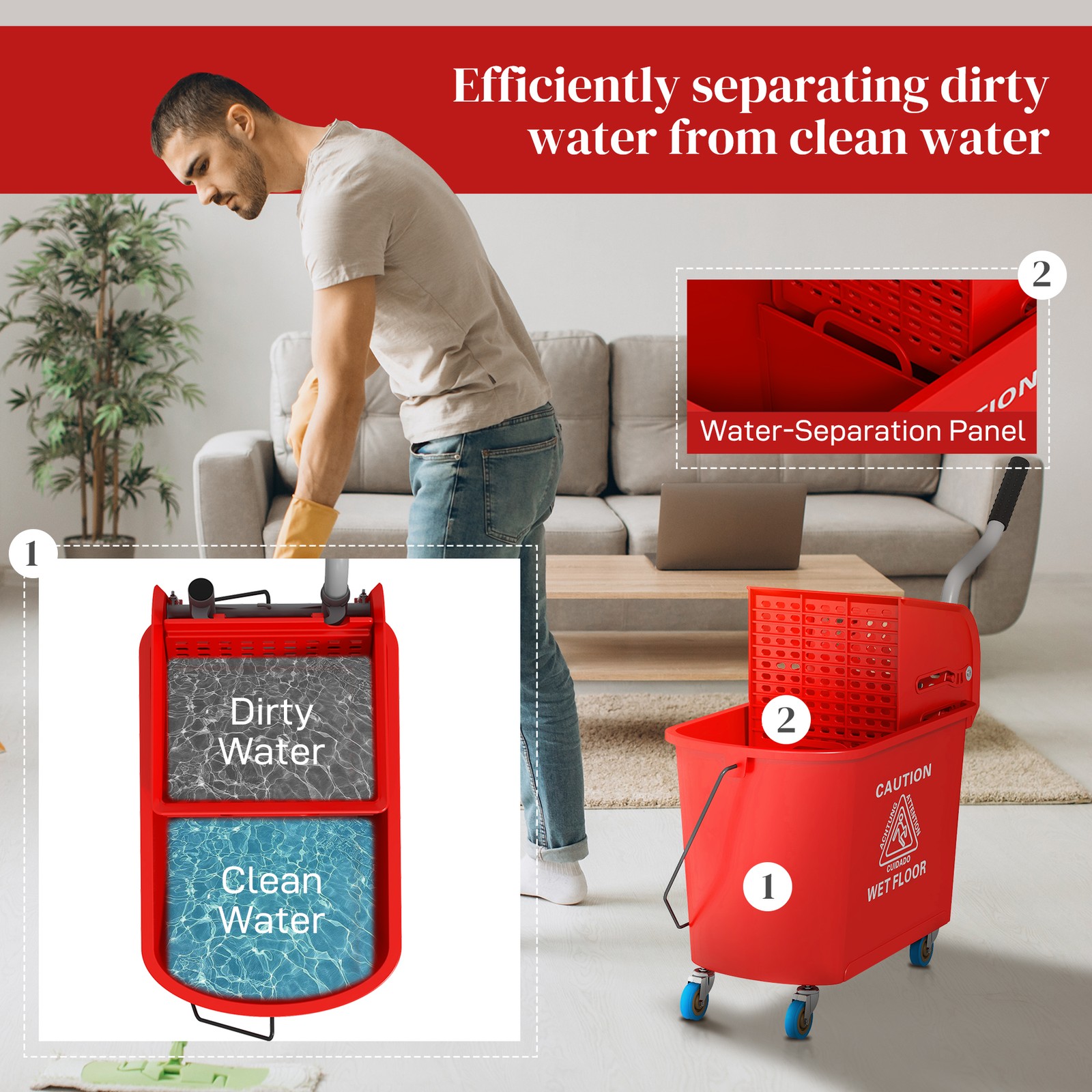 HOMCOM Mop Bucket with Wringer on Wheels for Floor Cleaning 21 Quart Red