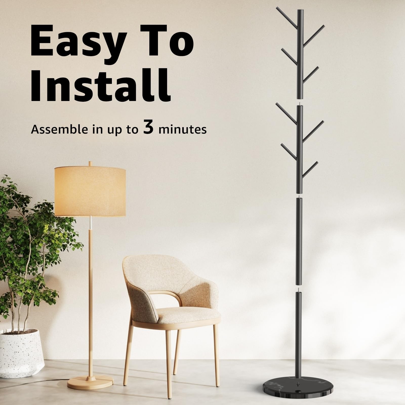 HzTinT Coat Rack with Natural Marble Base, 3 Adjustable 70 inches, Black