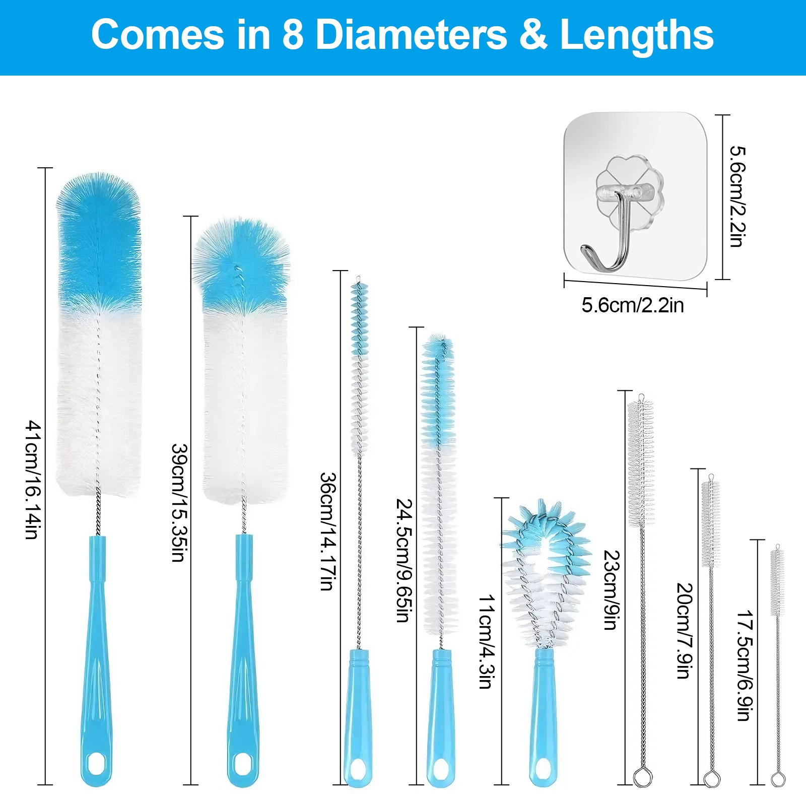 8PCS extended Handle Bottle Brush Set Plastic Cleaner Bottles Straws Cups Blu…
