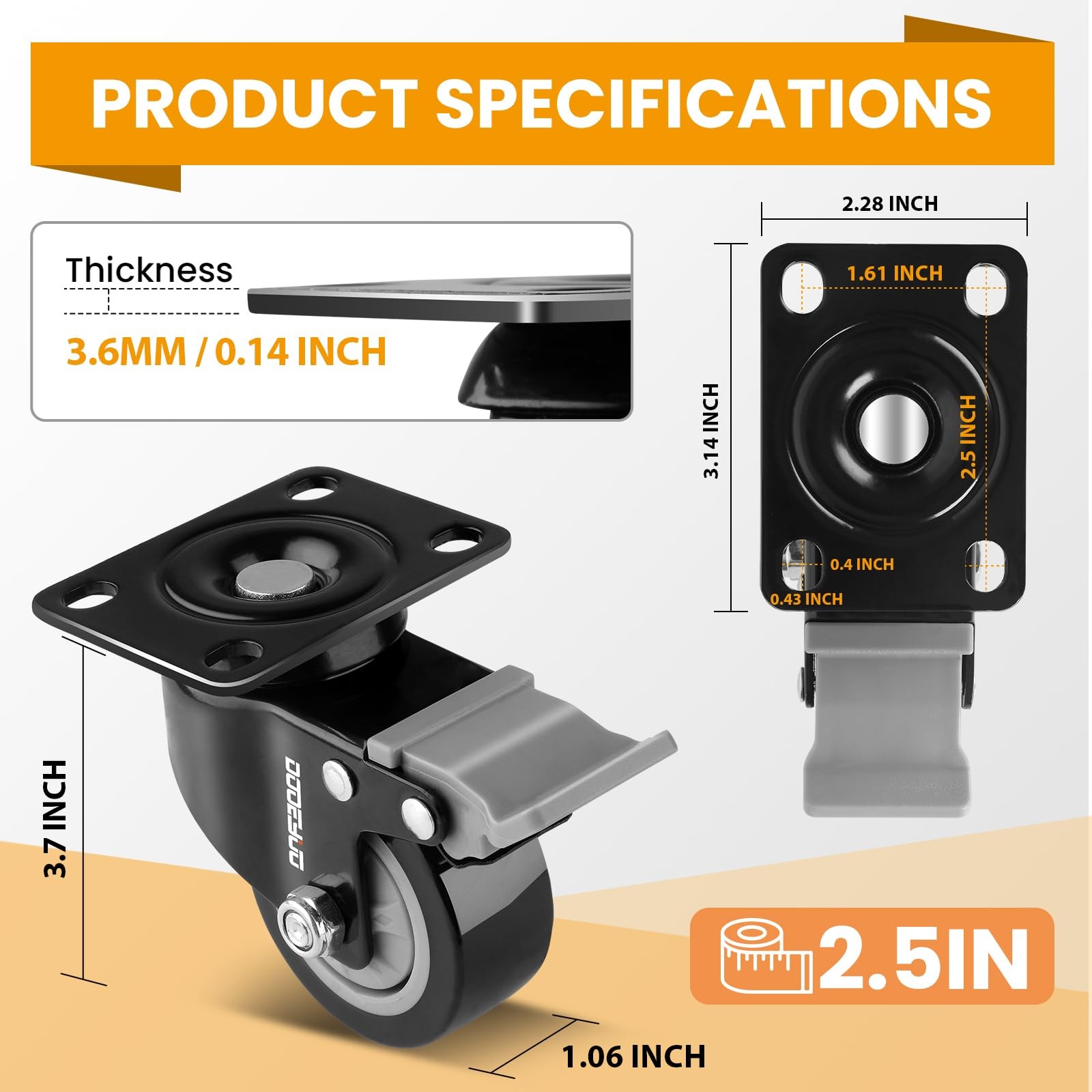 4 PCS 2.5 Inch Heavy Duty Caster Wheels Rubber Swivel Brake 710LBS Load