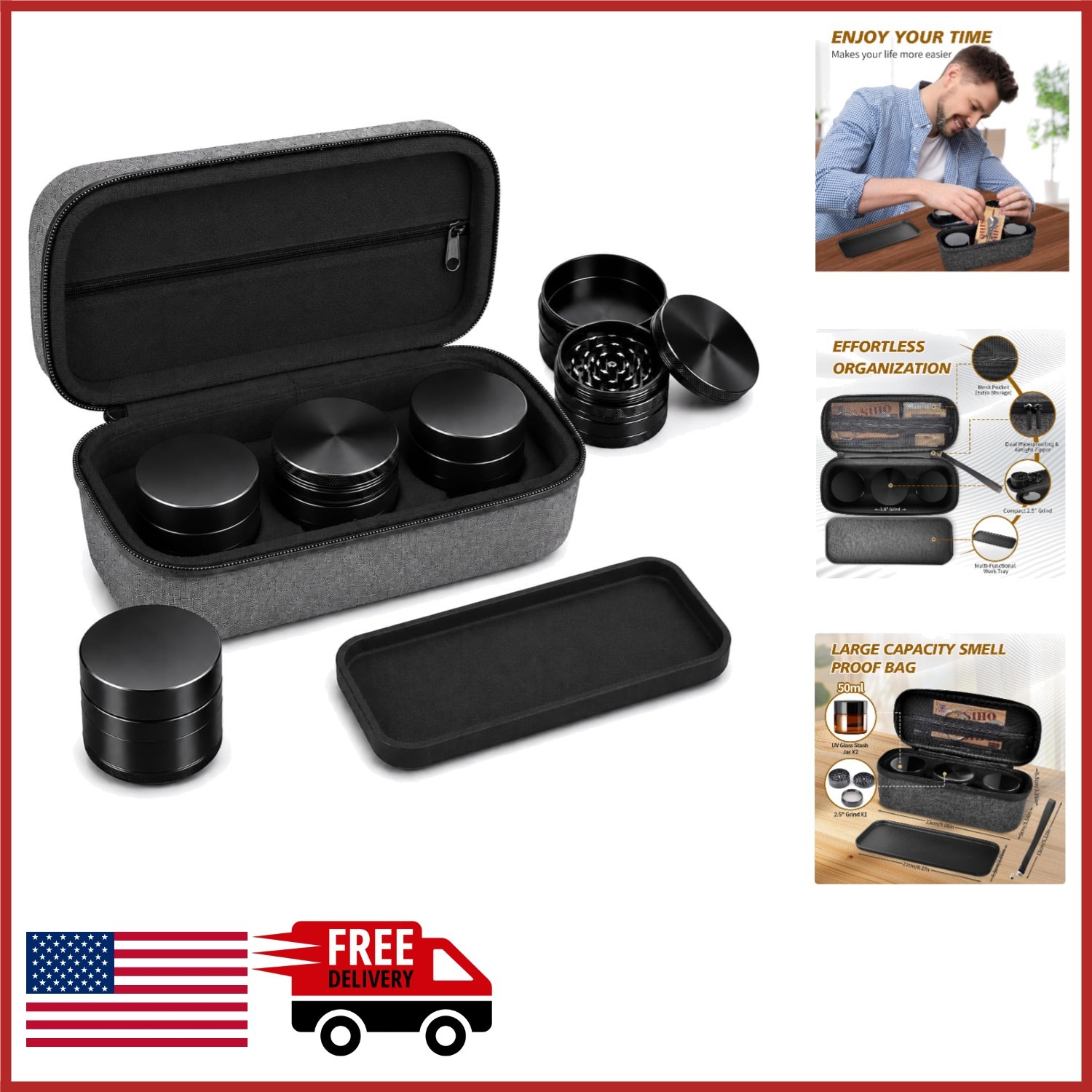 Heavy-Duty Waterproof Stash Box with Glass Jars and Grind Tray for Travel