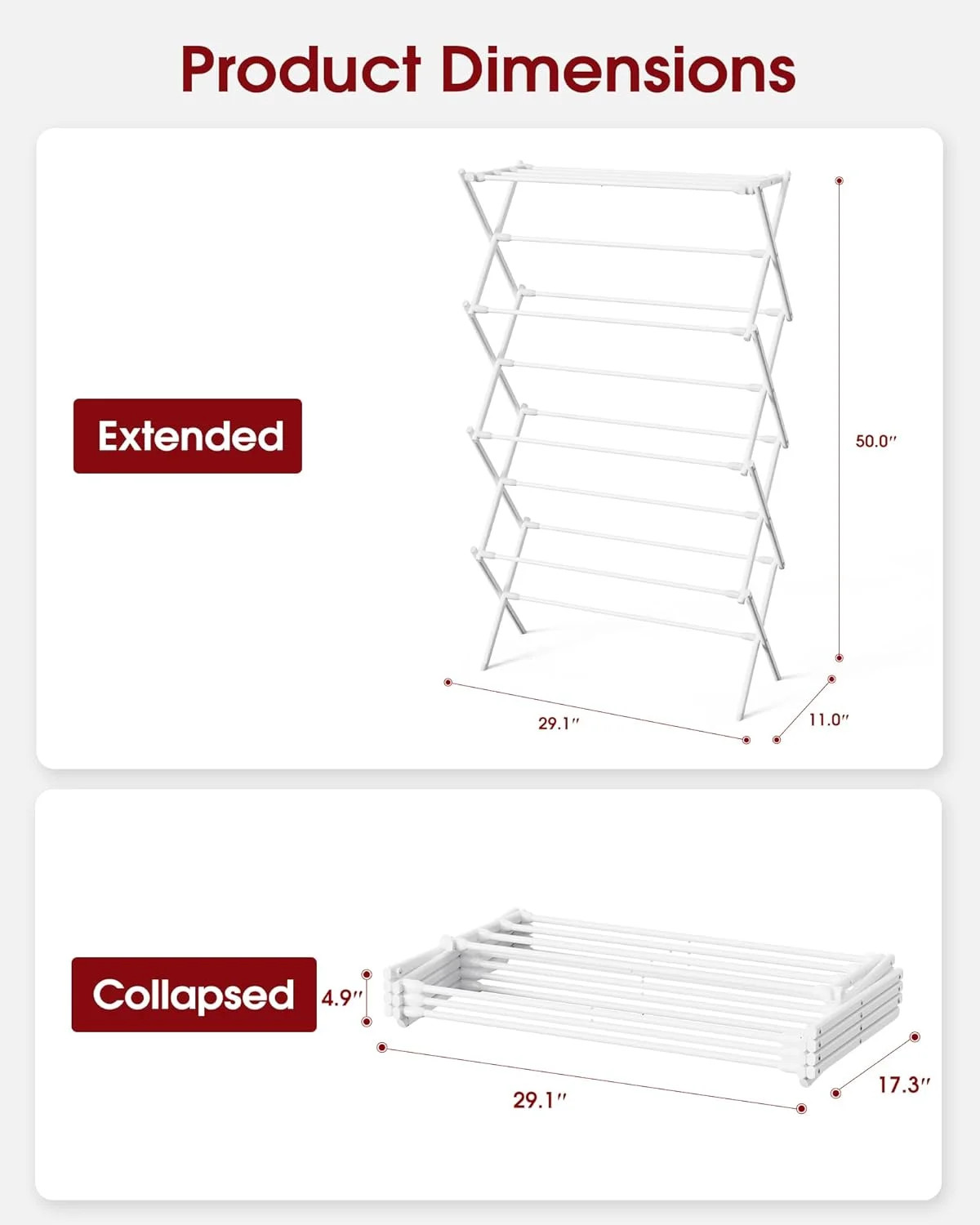 Sakugi Foldable 4-Tier Clothes Drying Rack 50.0″ H with Non-Slip Feet | Indoor &