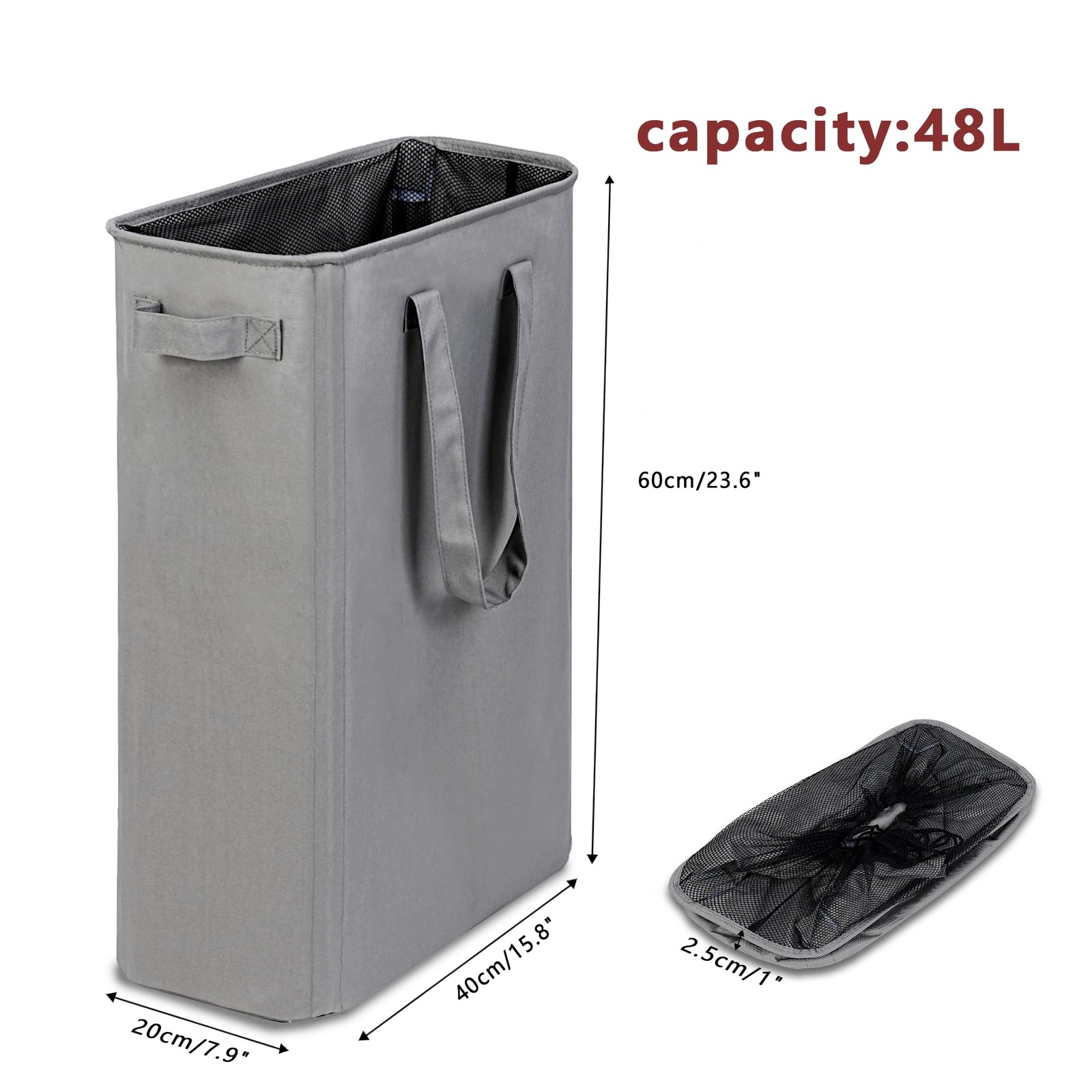 efluky Slim Laundry Basket, Narrow Hamper with 48L without Lid, Grey