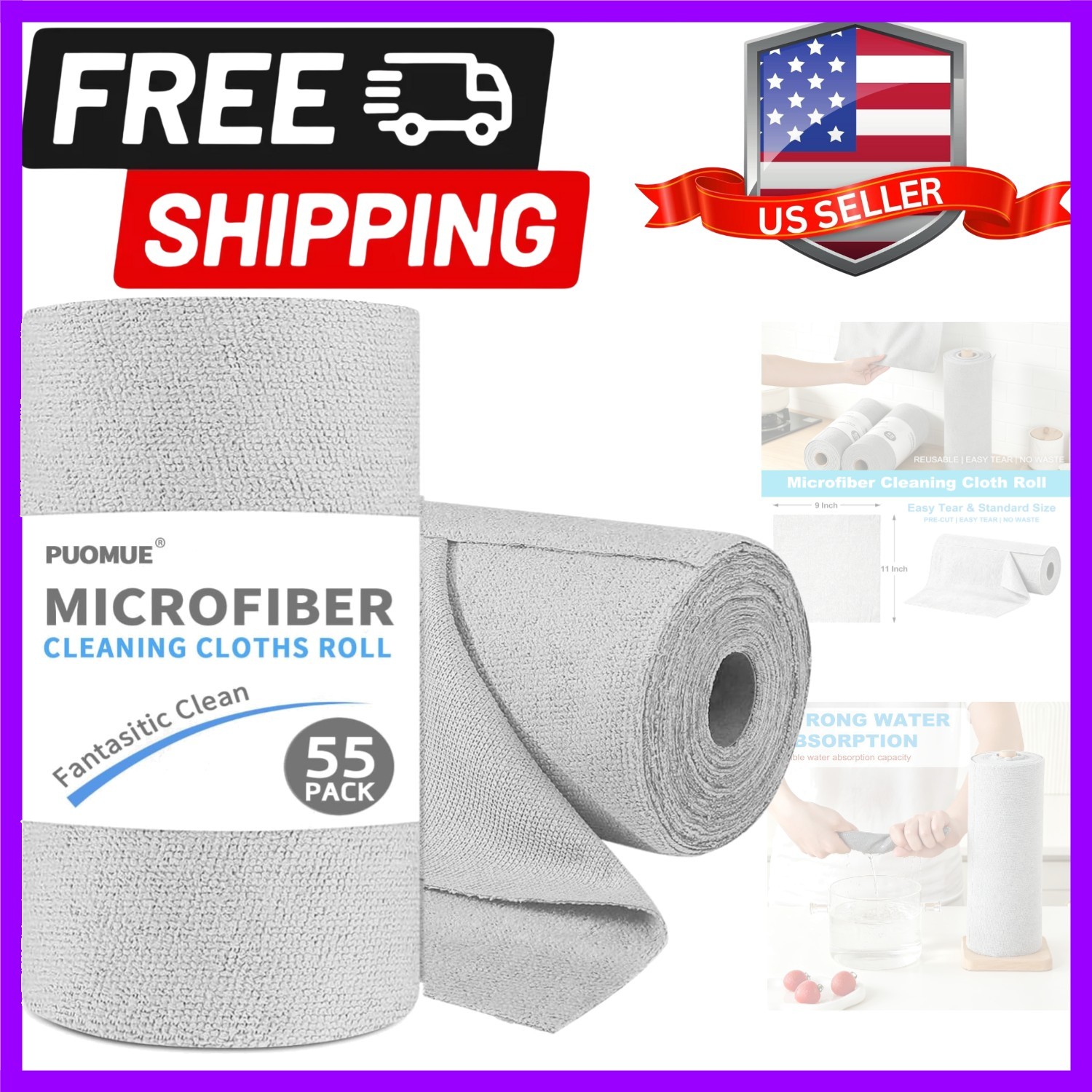 55 Pack Microfiber Cleaning Cloth Roll, Tear Away Reusable Paper Towels, 11″ …