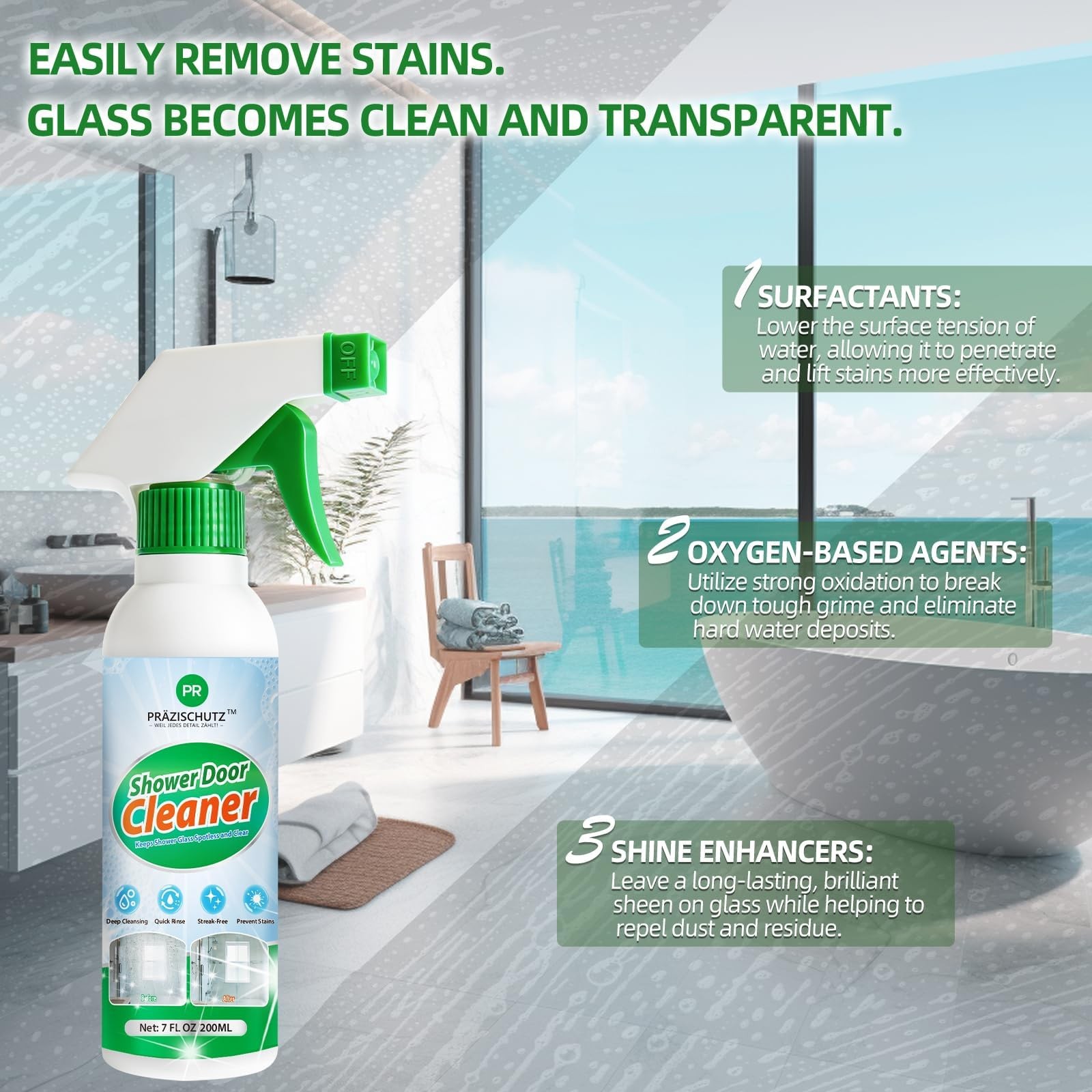 Bathroom Glass Cleaner Spray – Removes Limescale, Soap Scum, and Oil Film, St…