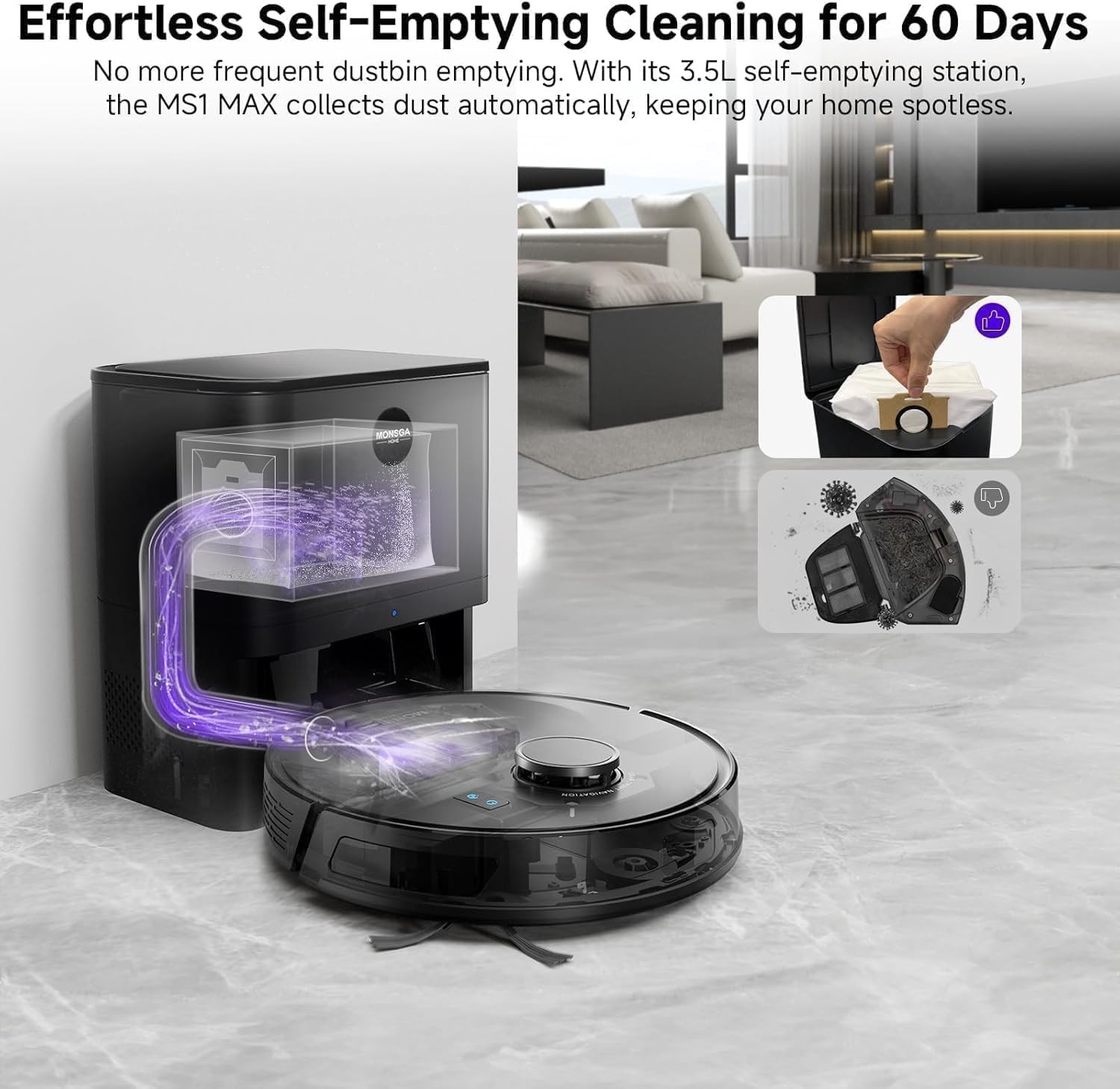 MONSGA Robot Vacuum Mop 6000Pa Self Empty LiDAR 180Min APP Control