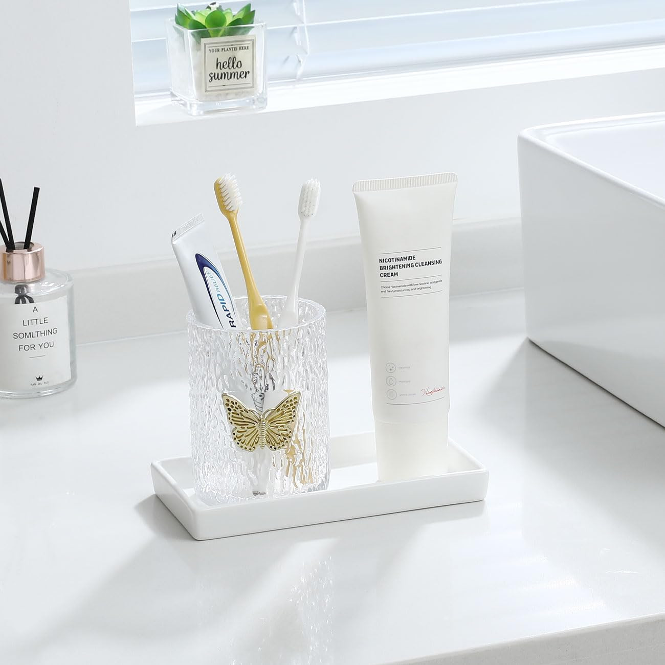 Bathroom Vanity Tray, Mini Soap Dispenser, Small Ceramic Perfume and Jewelry Dis