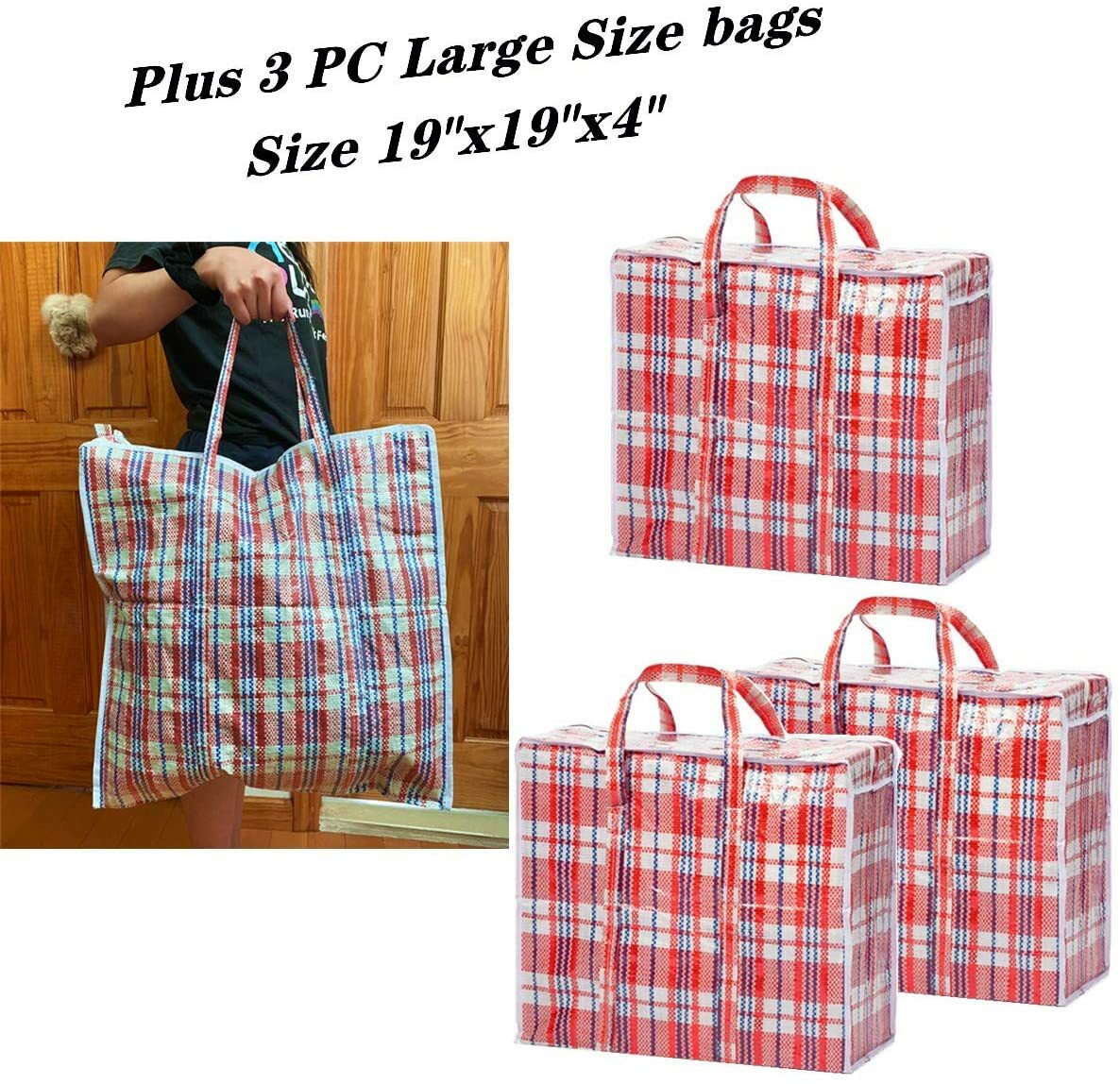 6 Pc Reusable Large Jumbo plastic Shopping Laundry Moving Storage Bag Zipper