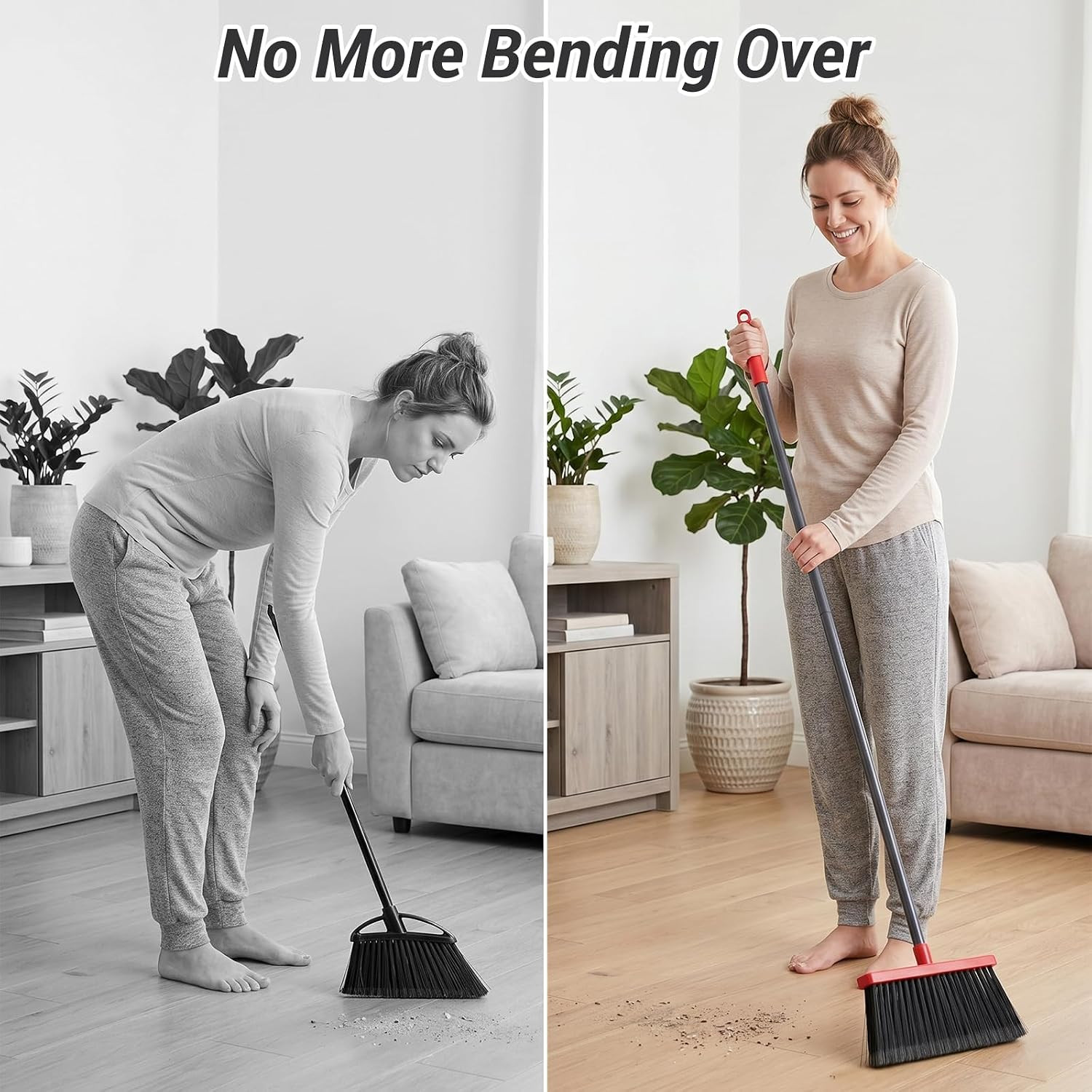 Broom with Dustpan Combo Set, Long Handle Upright Standing Self-Cleaning Broom a