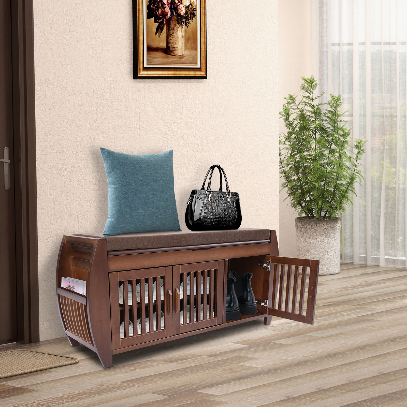 Bamboo Shoe Storage Bench With Cushion & Hidden Storage, 150kg Capacity