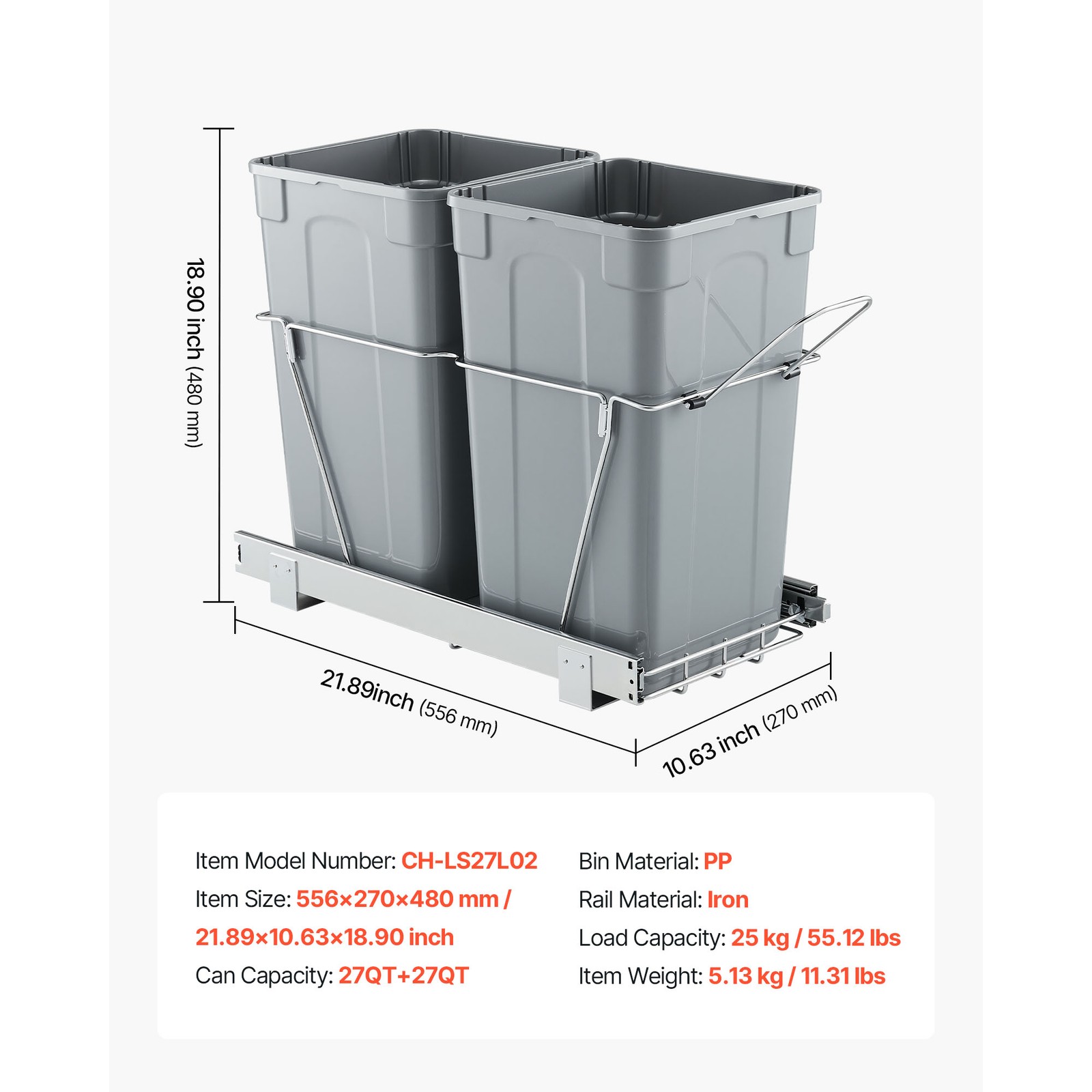 Uimoso Double 27QTx2 Pullout Waste Container Under Cabinet Kitchen Bin Trash Can