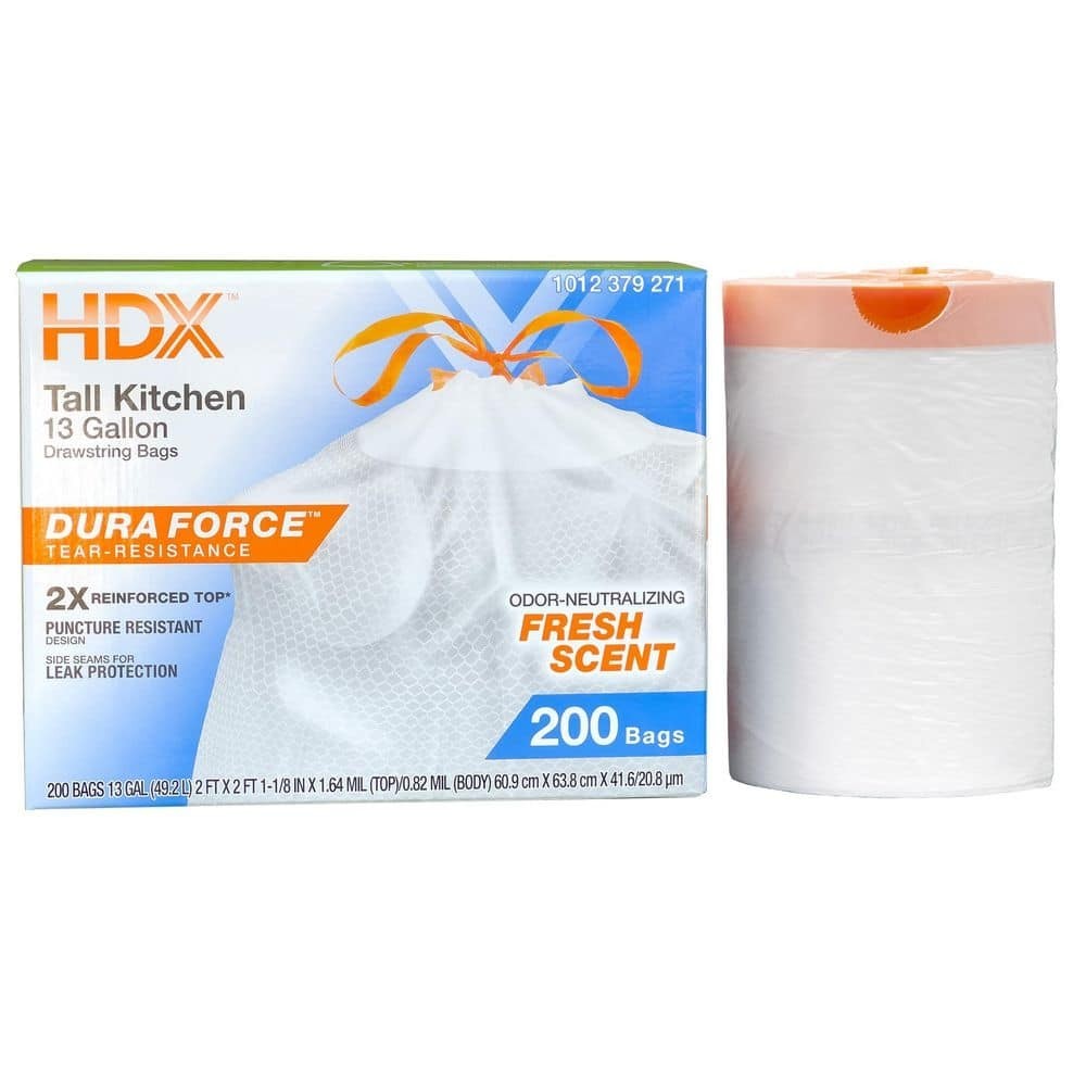 HDX 13 Gallon Reinforced Top Drawstring Fresh Scented Tall Kitchen Trash Bags wi