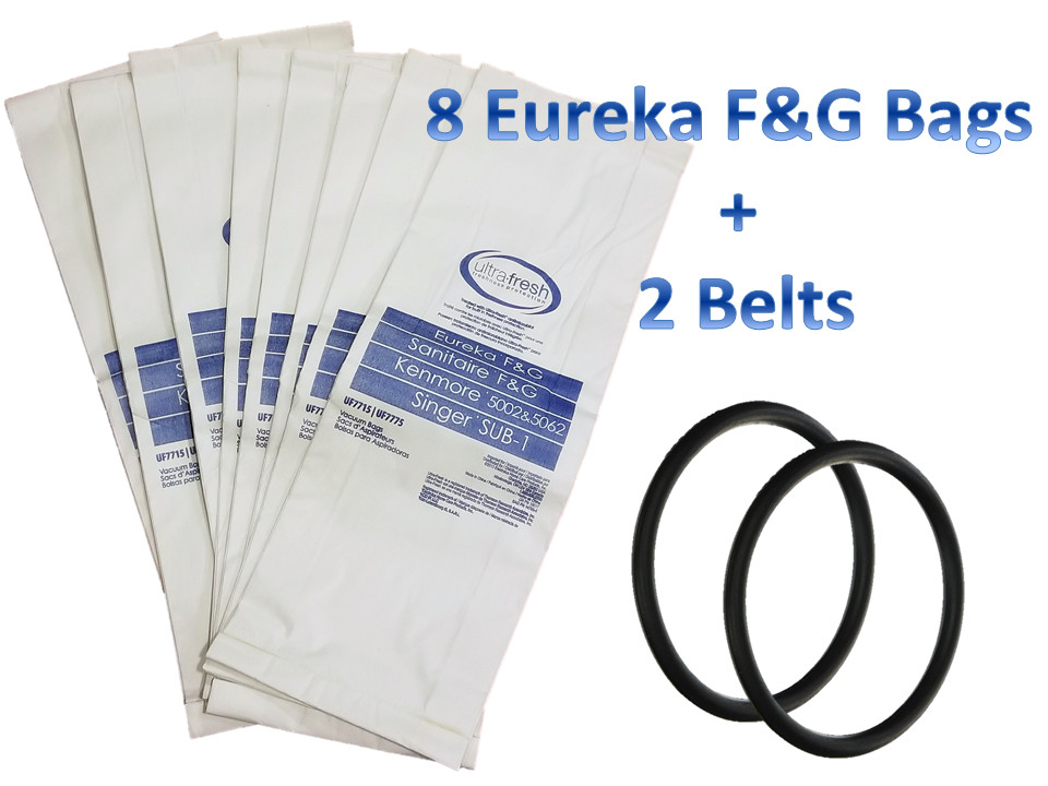 8 Bags for Eureka Style F&G Vacuum Cleaner F G Sanitaire Commercial + 2 Belts