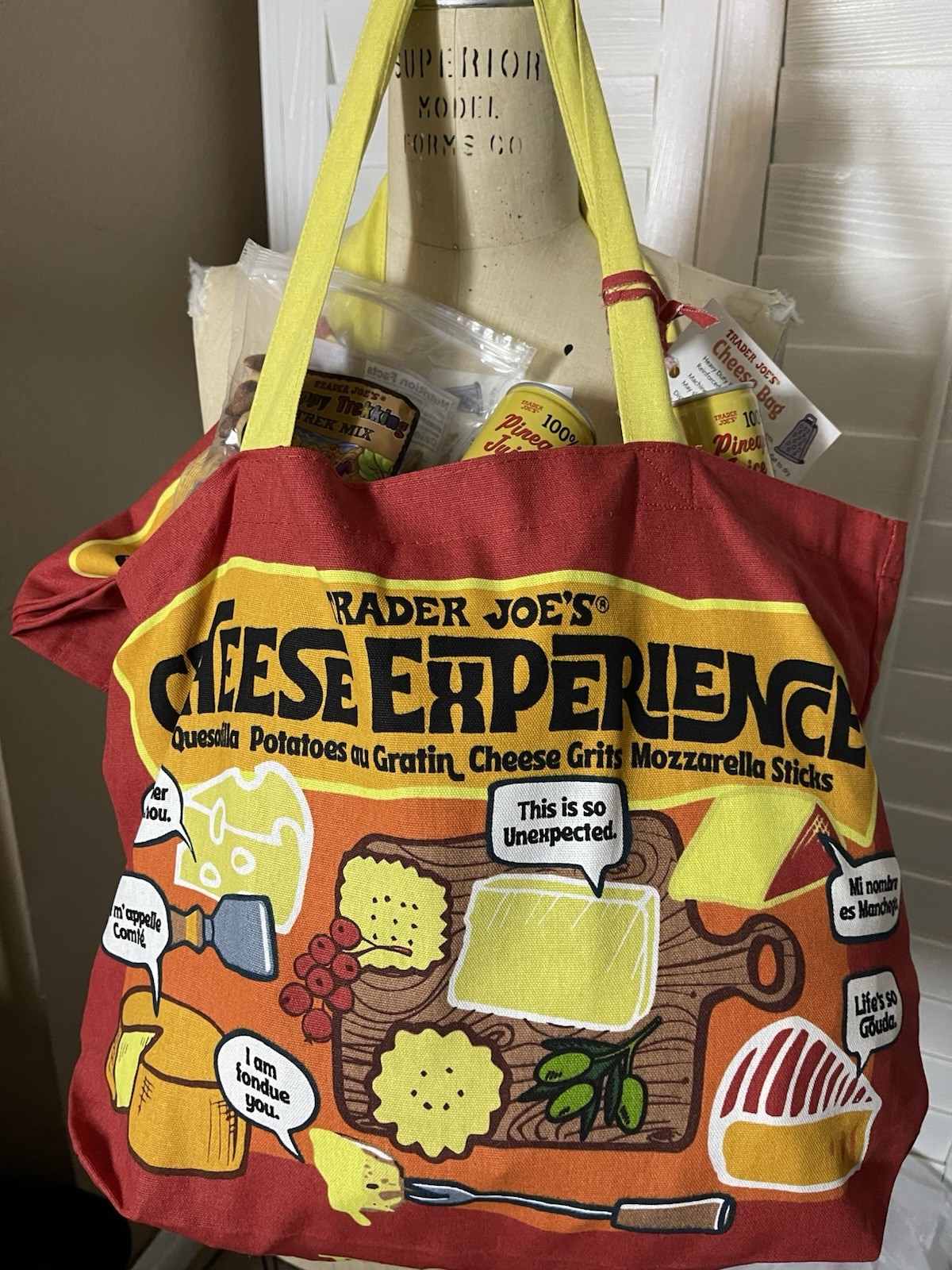 Trader Joe’s Cheese Bag Reusable Cotton Shopping Bag Red Yellow Pop Art Foldable