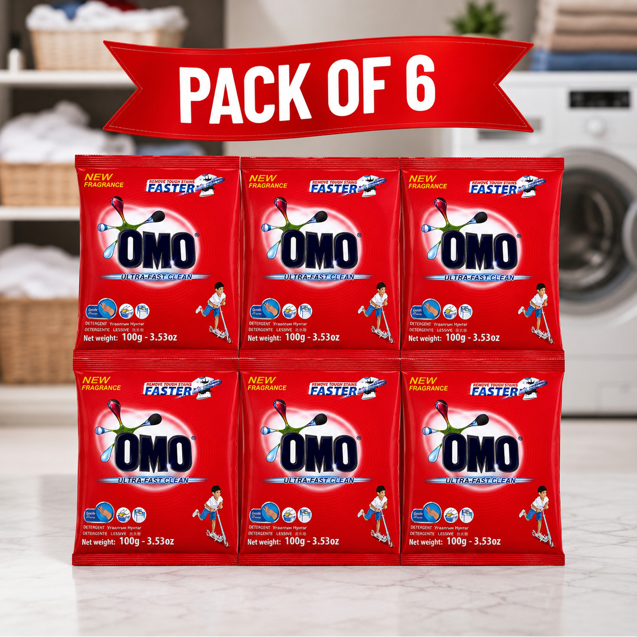 OMO Ultra-Fast Clean Laundry Detergent Powder – Pack of 6 (100g 3.53Oz Each)