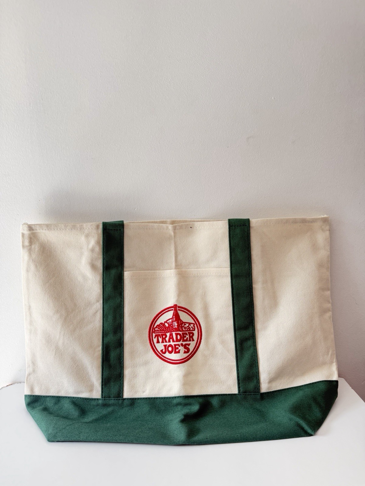 Trader Joe’s 2025 Christmas Green LARGE Canvas Shopping Bag, Off White