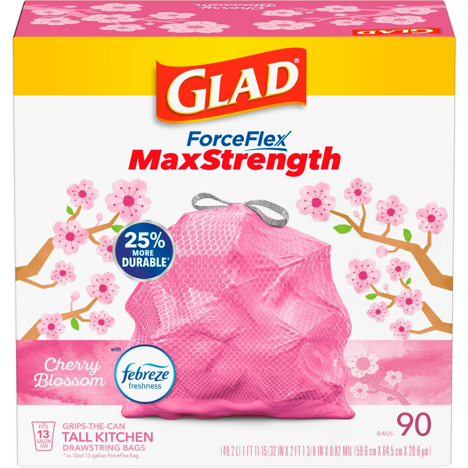 Glad ForceFlex Tall Kitchen Trash Bags 13 Gal – 90ct – Cherry Blossom Febreze