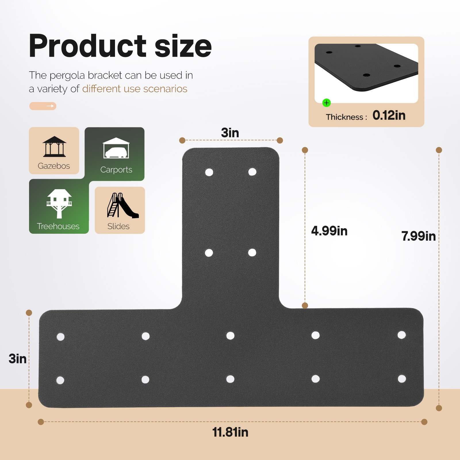 12*8″ 4PCS T Post Frame Pergola Bracket Flat Mending Plate Fit 4×4″,6″x6″ Lumber