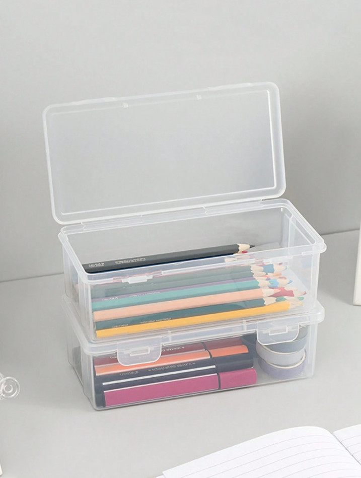 1 pc Transparent Large Capacity Plastic Pencil Case for Pens & Crayons Storage