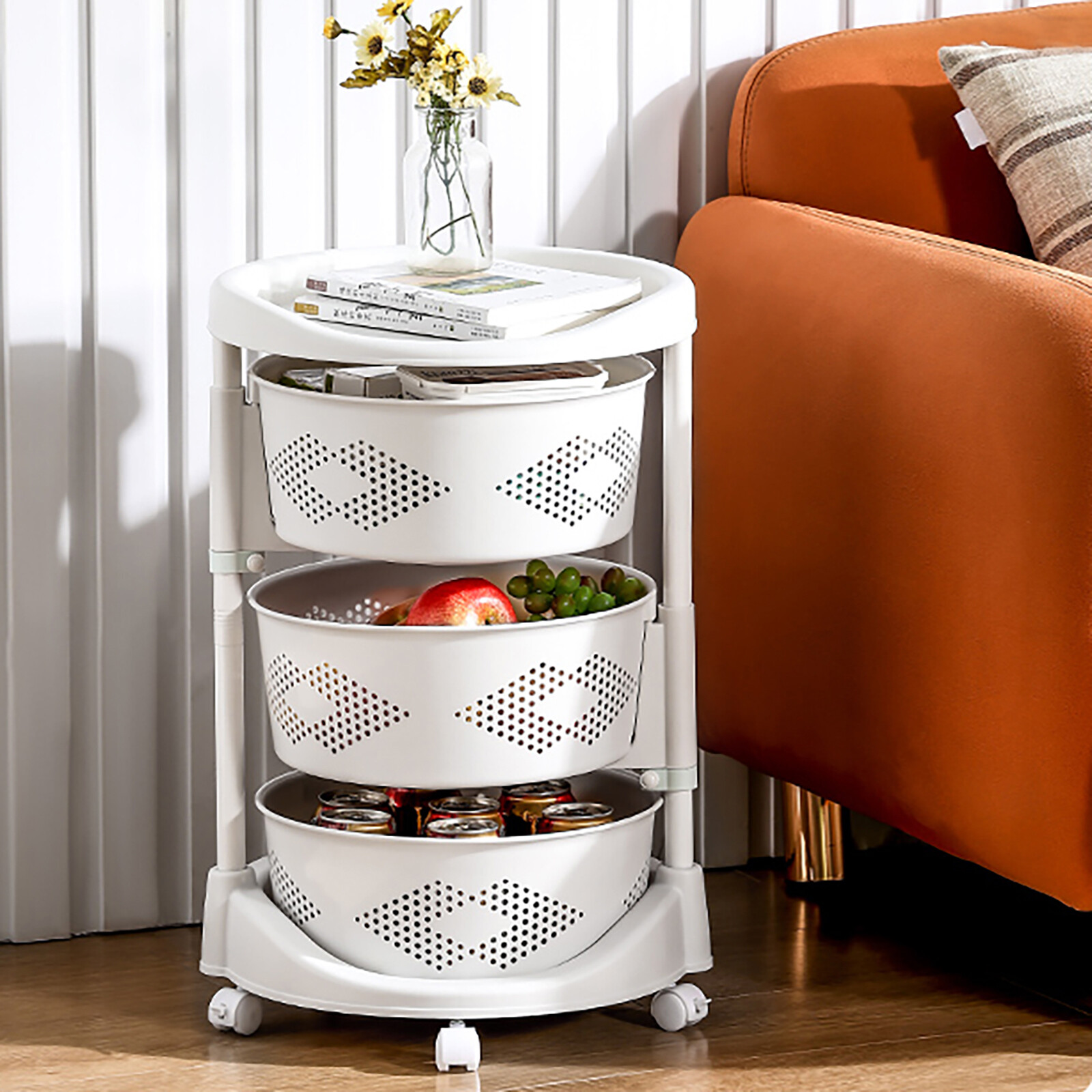 3-Layer Kitchen Storage Cart with Rotating Baskets for Fruits and Vegetables