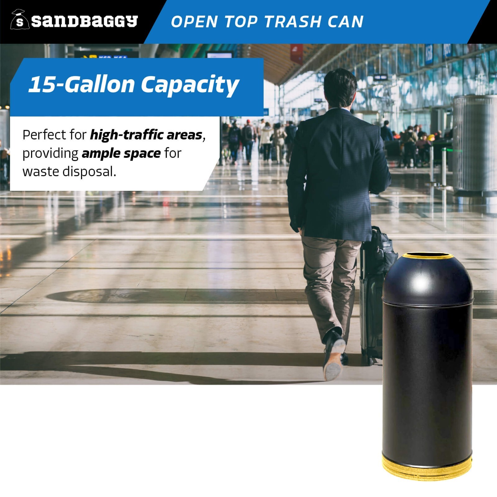 Sandbaggy 15-Gallon Black Open Top Dome Steel Trash Can with Lid (31″ x 12″)
