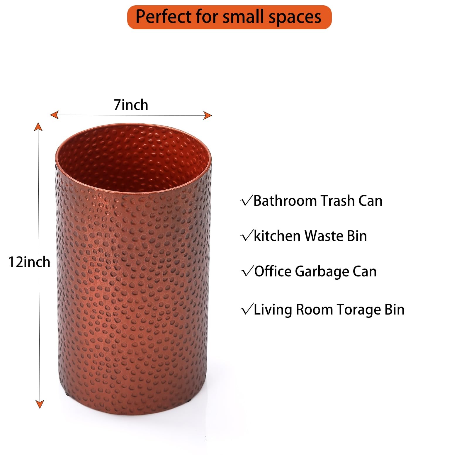 Antique Copper Metal Trash Can Hand Hammered Wastebasket Bathroom 7x7x12 In