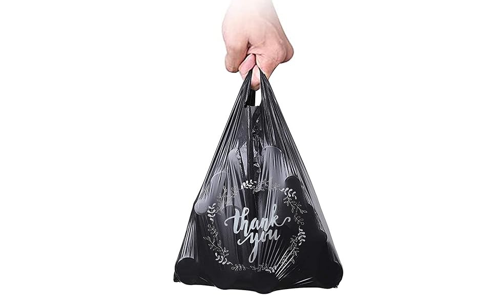 100PCS Black Thank You T-Shirt Bags Plastic Bulk Shopping Restaurant Bags 8.7 x