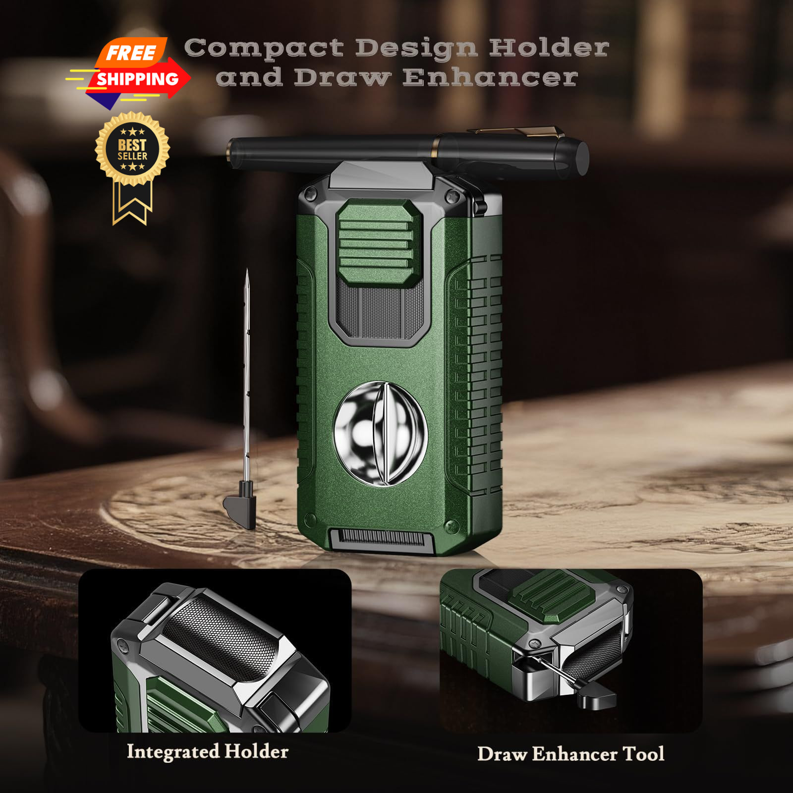 5-in-1 Torch Lighter with Tool, Punch, Holder, and 3.35*1.67*0.92 in, Green