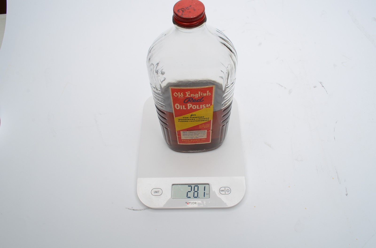 Old English Red Oil Polish Vintage Glass Bottle Approx 50% Full 1.5 Pint READ