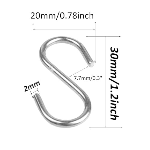 48PCS 1.2 Inch 304 Stainless Steel S Hooks, Heavy Duty M2 Hanging Hooks 1.2inch
