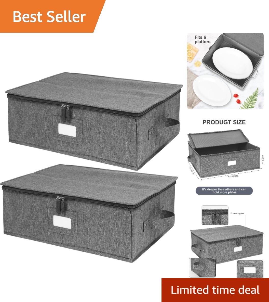 2 Pack Luxury Hard Shell China Storage Cases with Felt Dividers – 17″ x 13″ x 6″