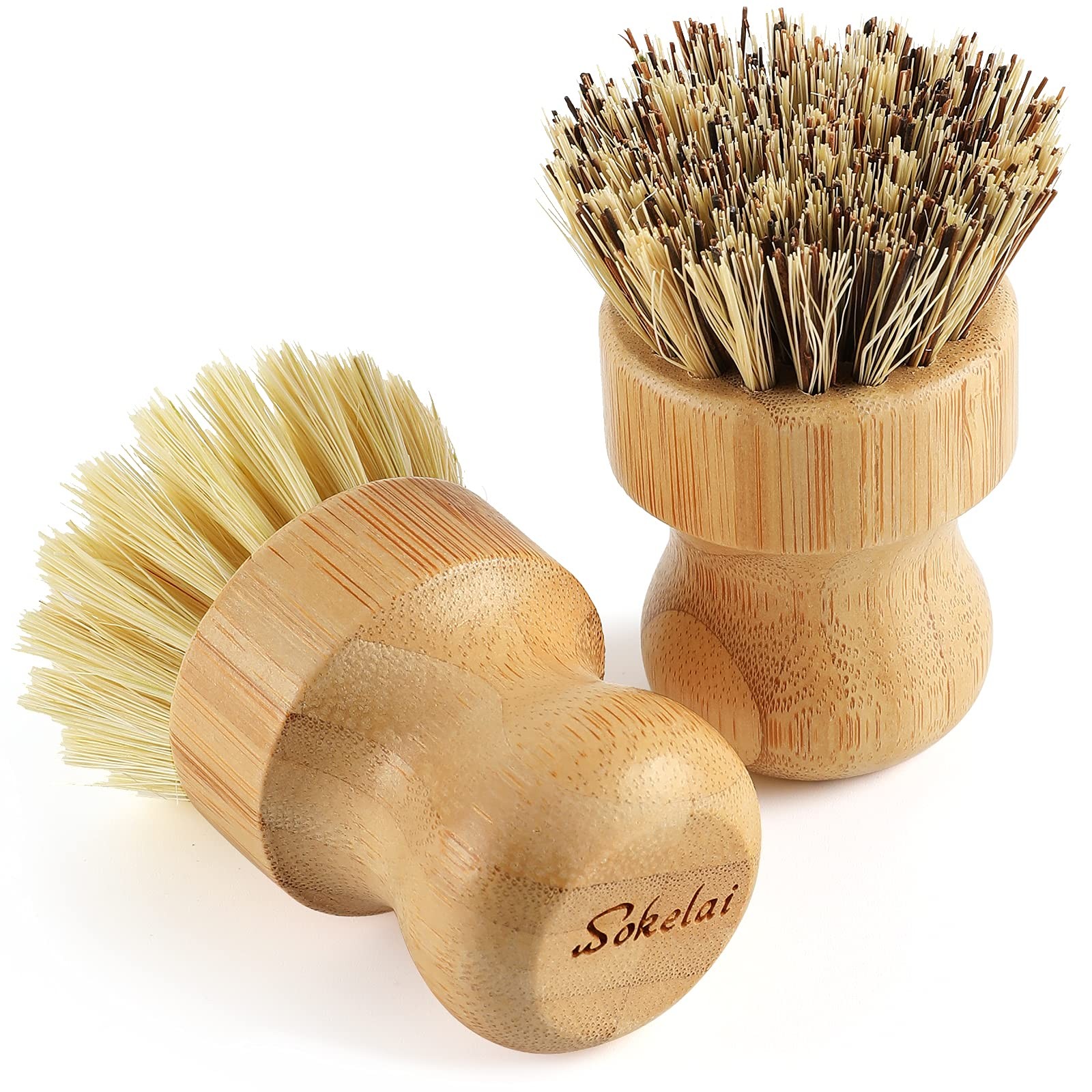 Bamboo Dish Scrub Brushes Set for Kitchen – Wooden Large (Pack of 2), Beige