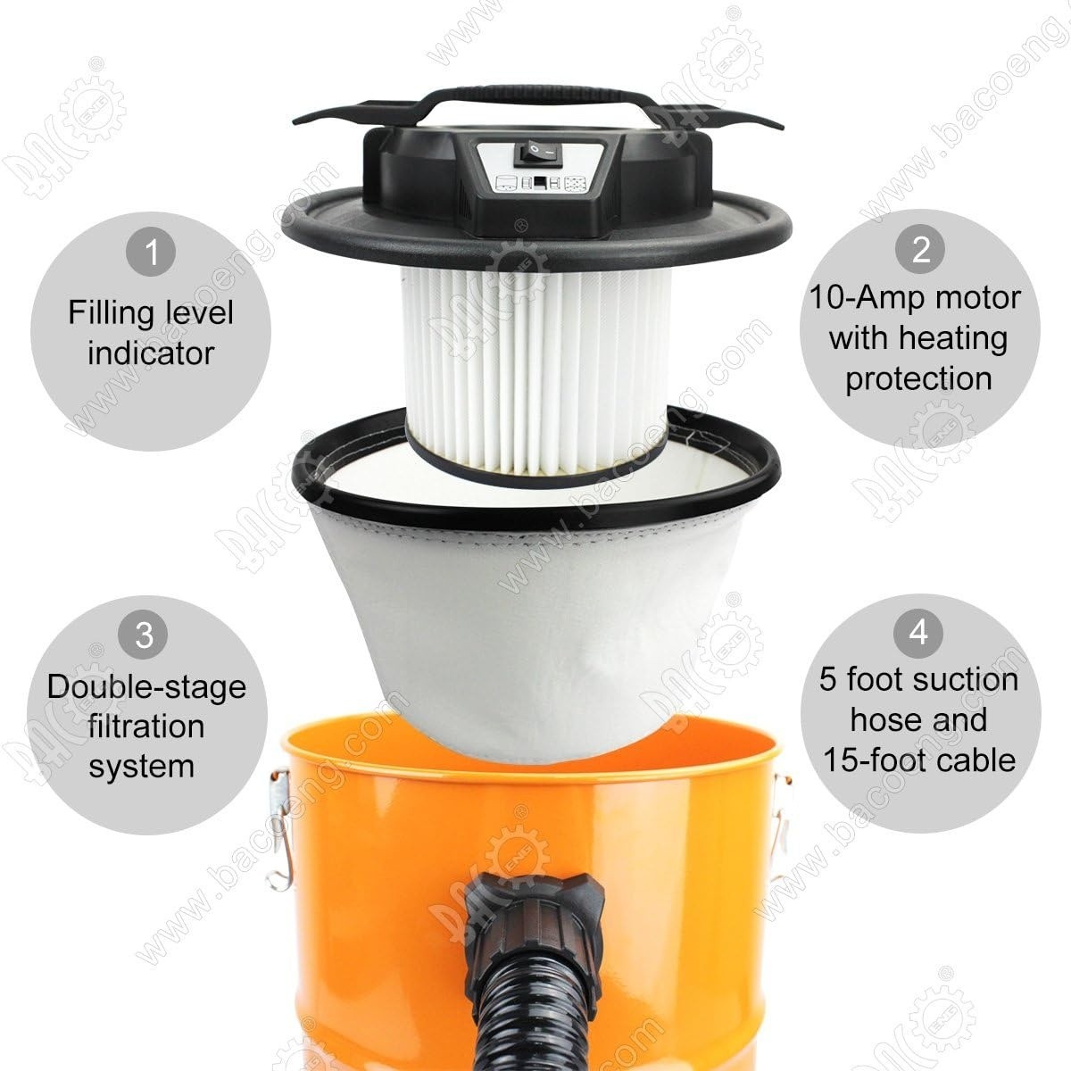 5.3-Gal Ash Vacuum Cleaner With Double Stage Filtration System Standard Ash Vac