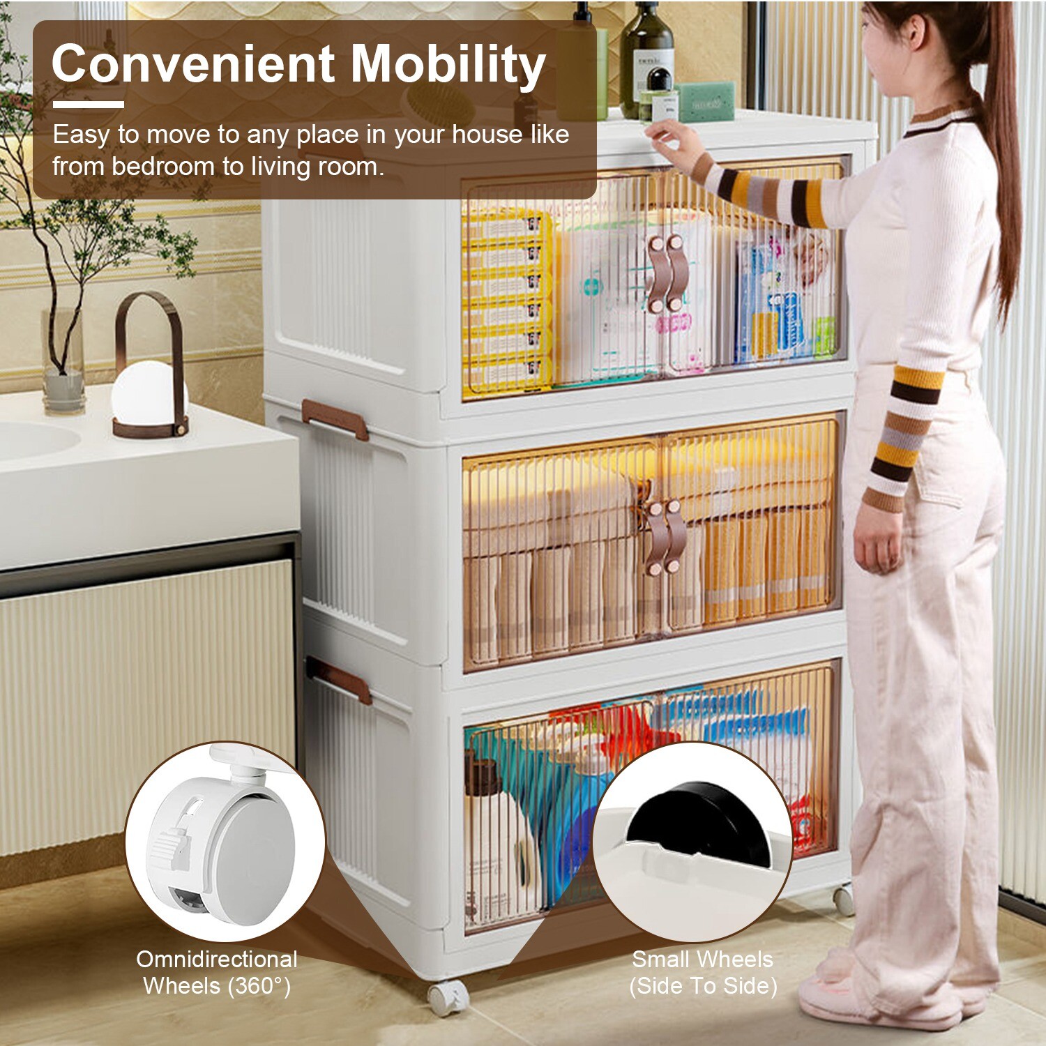 3 Pack Stackable Storage Bins with Wheels & Lids Magnetic Door Plastic Container