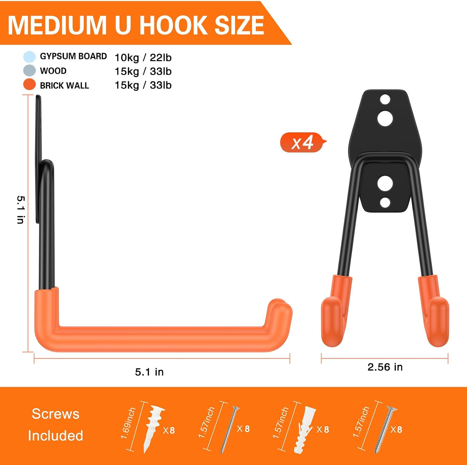 Garage Hooks Heavy Duty 4 Pack, Wall Mount Ladder Hooks | 5.1In U Shaped Hanger,