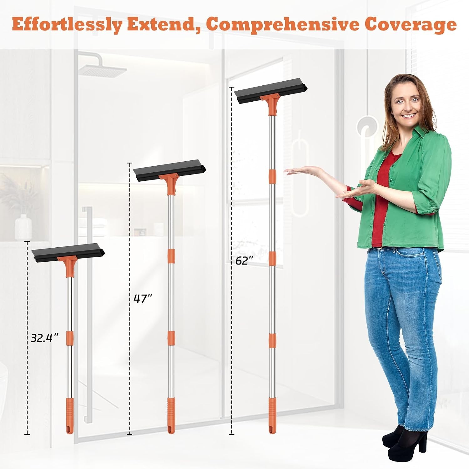 18in Floor Squeegee Heavy Duty Rubber Broom 62in Handle Window Shower Cleaner