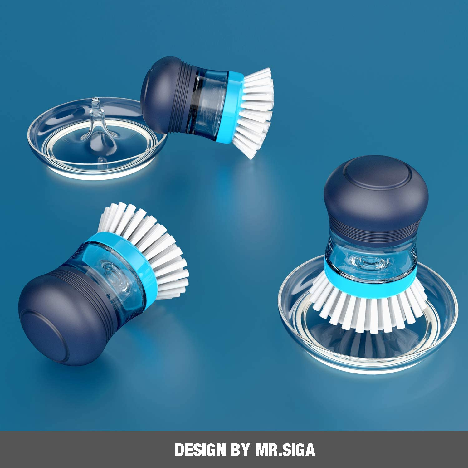 MR.SIGA Soap Dispensing Palm Brush Storage Set, 1 Pack, Navy/Blue | Dish Brush w
