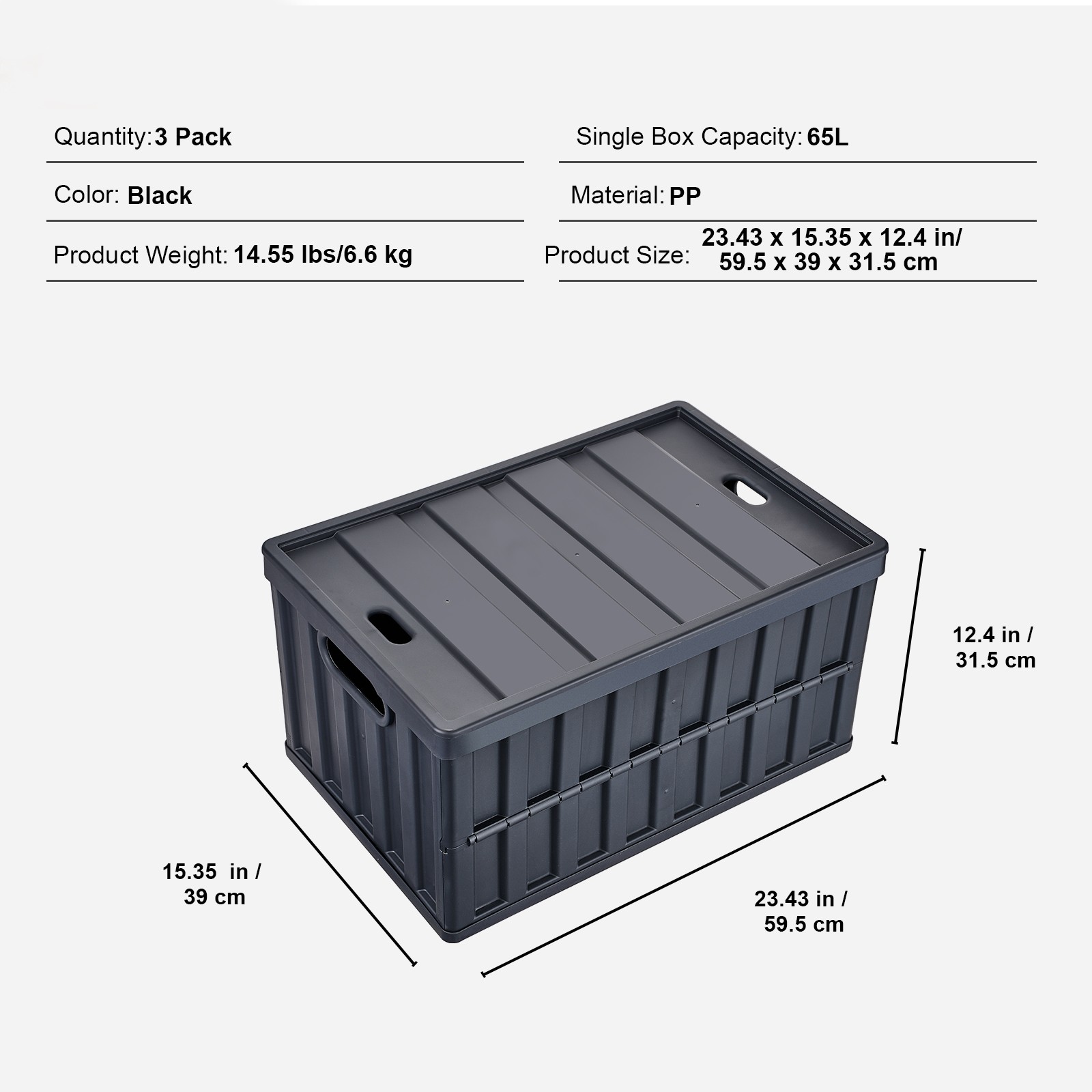 VEVOR Collapsible Storage Bins with Lids Folding Stackable Containers 65L 3-Pack