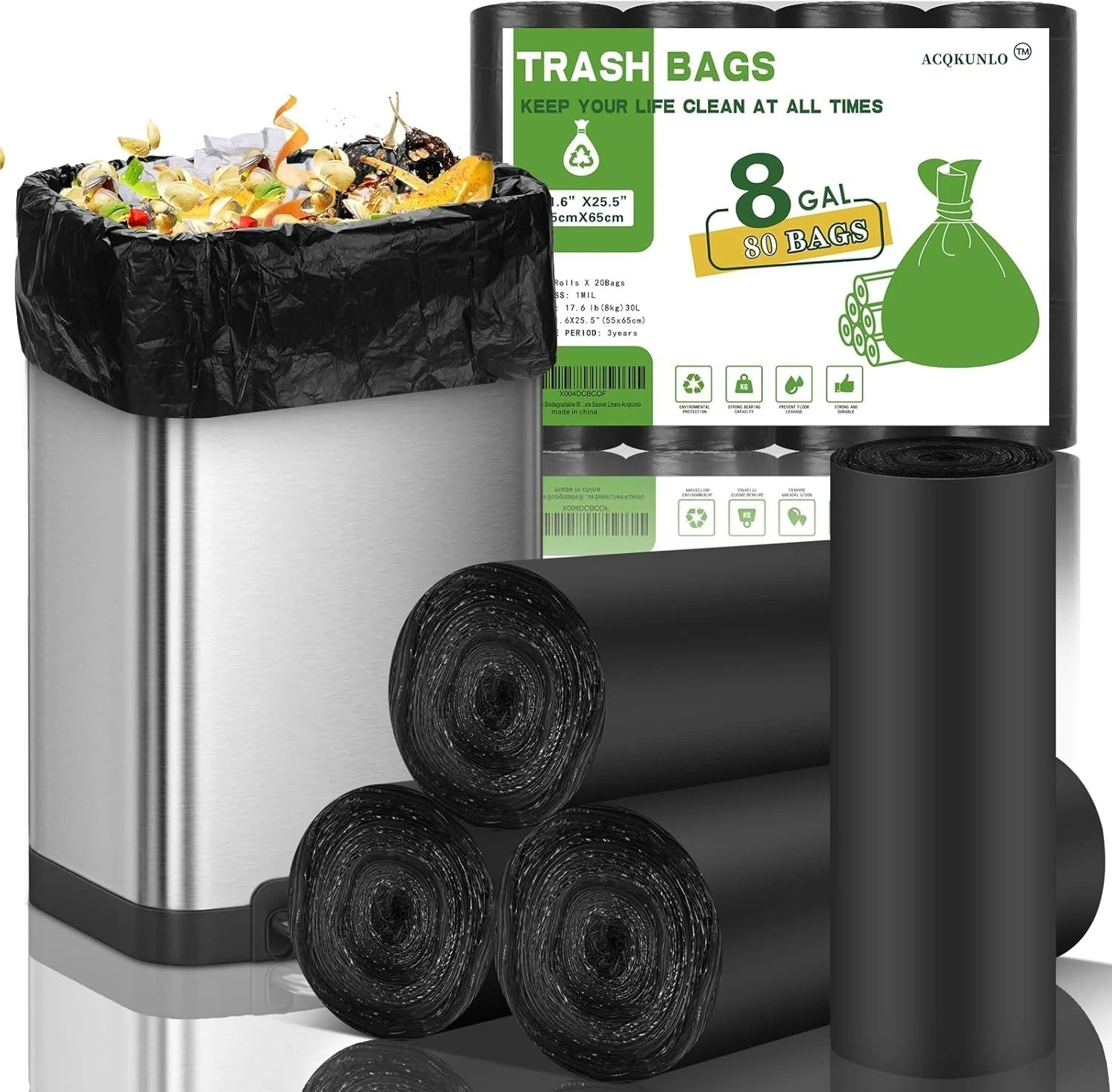 8 Gallon Biodegradable Trash Bags 80 Ct Compostable Kitchen Garbage Can Liners