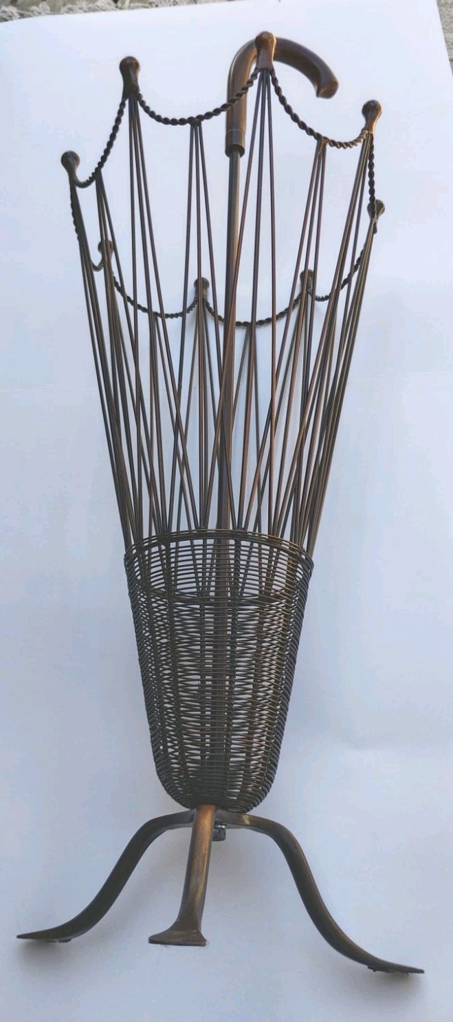 MCM Umbrella Shaped Stand Canes Umbrellas Copper Wire Wood handle 32” X 11.5”