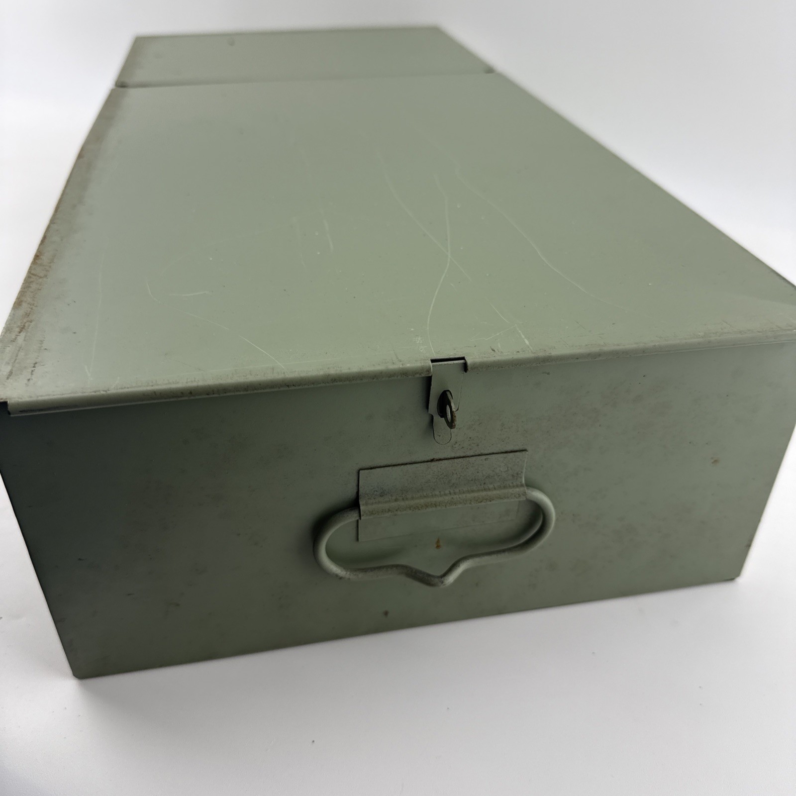 Vintage X-10 Light Green Metal Storage Box 21.5x10x5 Slide Lid