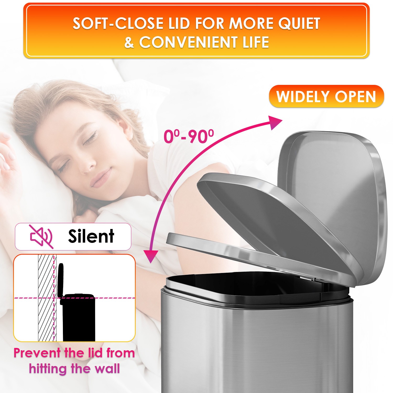 13 Gallon/50 Liter Trash Can with Lid Step, Fingerprint-Proof Kitchen Trash Bin