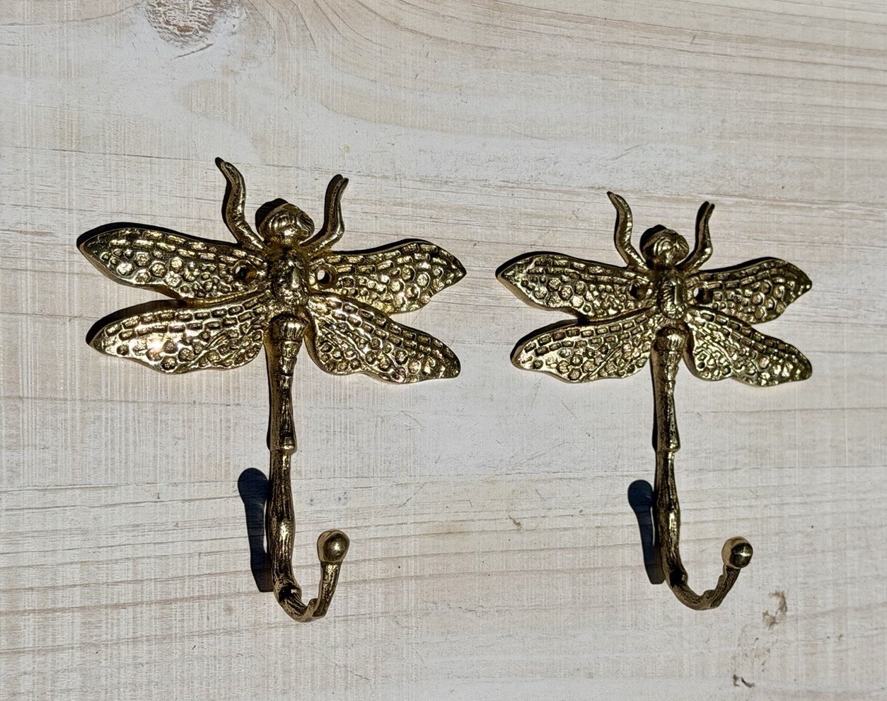 Gold Metal Wall Hook Dragonfly Polished Finish Set of 2 Art Nouveau Wall Mounted
