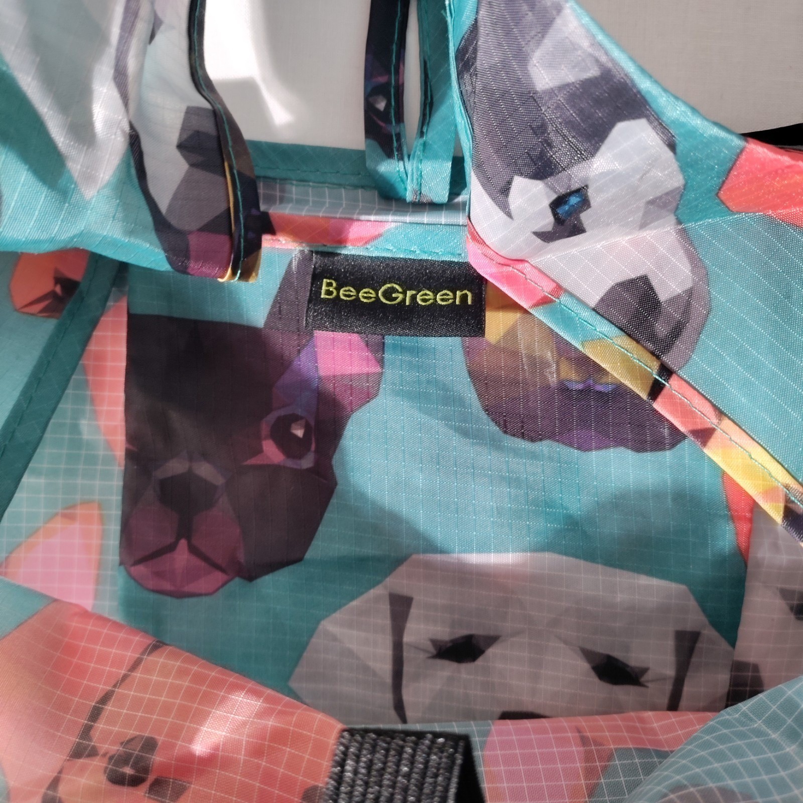 BeeGreen Reusable Nylon Shopping Teal/ Blue Tote Bag with Dog Faces All Over