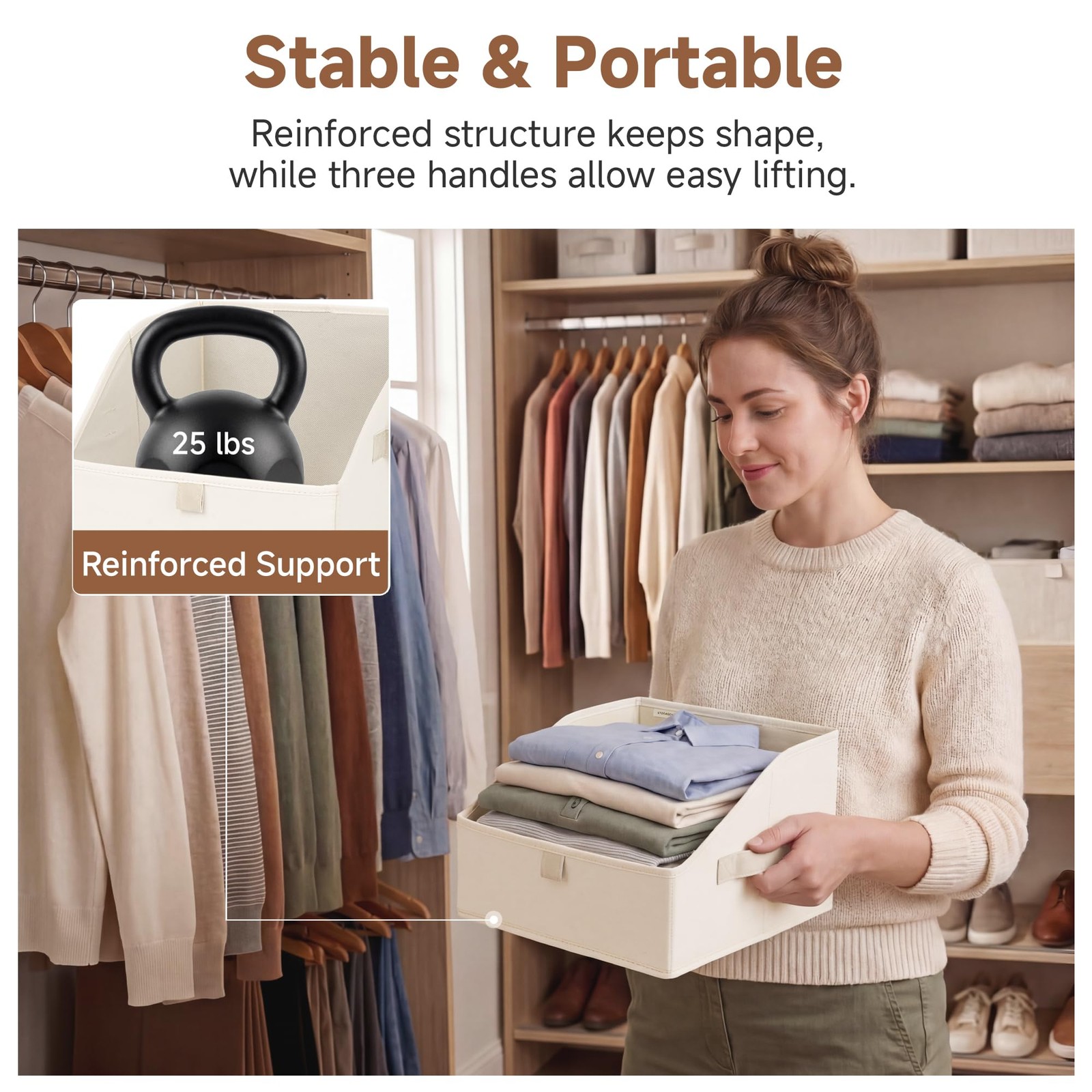 Fabric Closet Storage Bins Trapezoid Organizer Box Foldable Baskets Beige 3 Pack